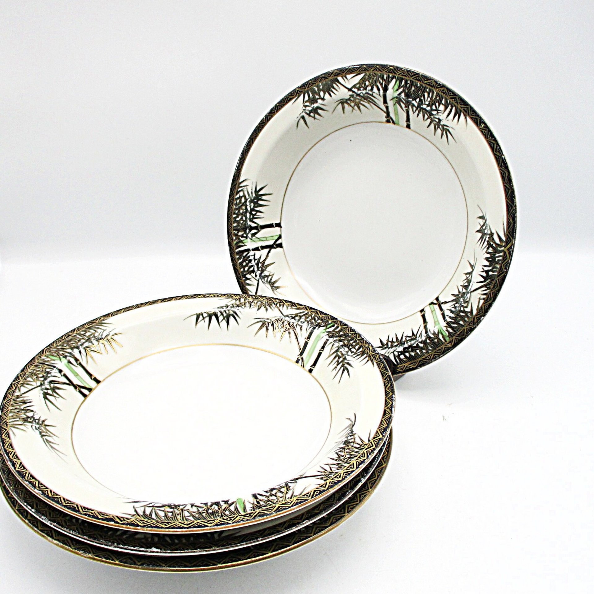 Tropical Bamboo Dinnerware, Gold Accents, Black, Green on White Background, Sets of Plates and Bowls, Your Choice, Japan