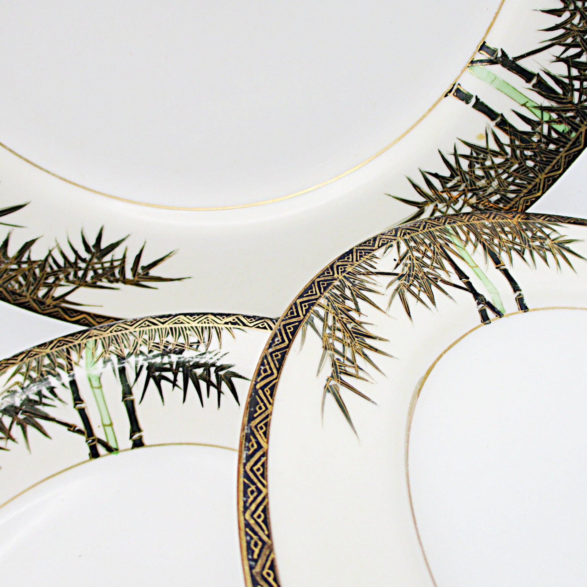 Tropical Bamboo Dinnerware, Gold Accents, Black, Green on White Background, Sets of Plates and Bowls, Your Choice, Japan