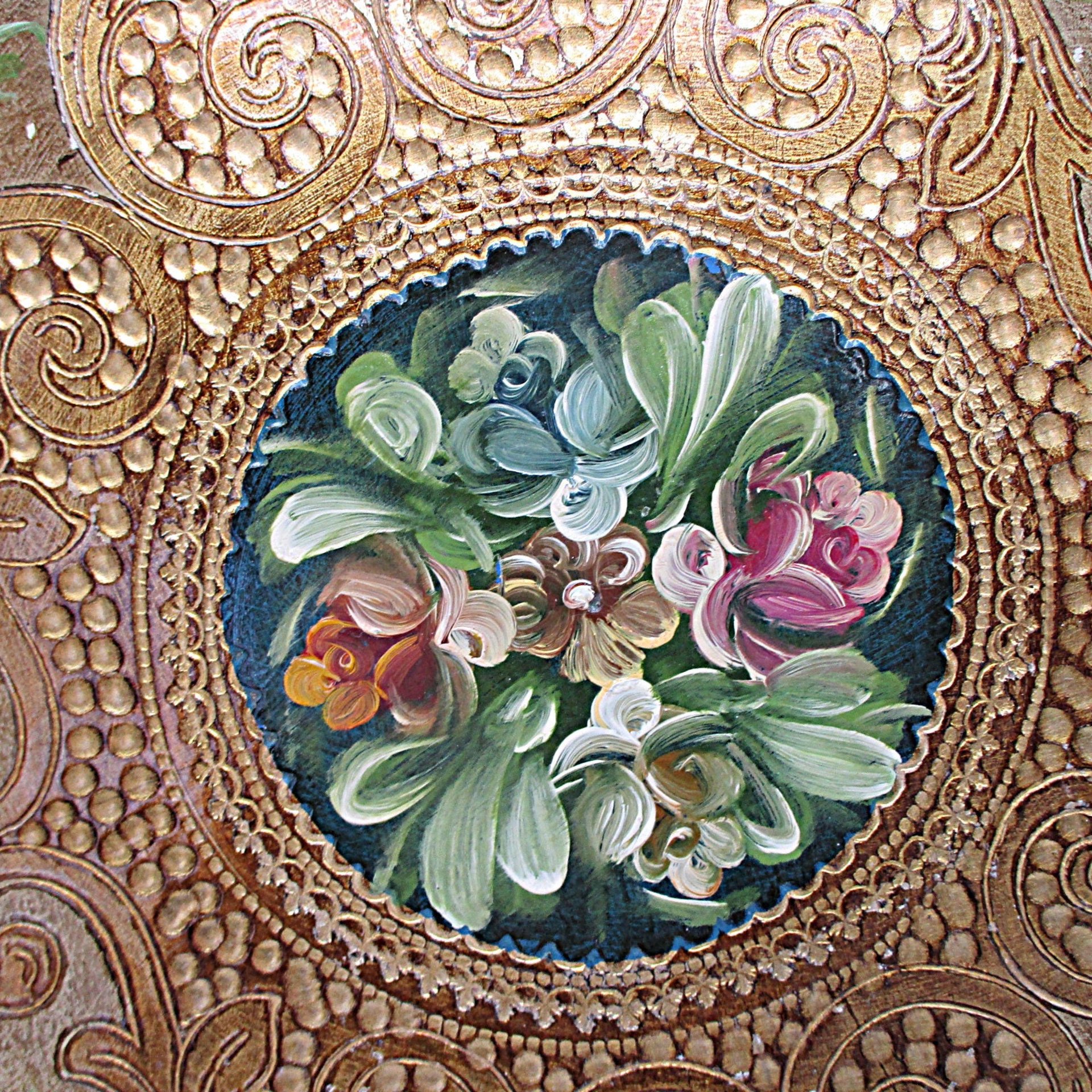 Florentine Tray, Hand Painted, Heavy Gold, Dark Green, Scalloped Edges, Floral Center, Wooden, Made in Italy