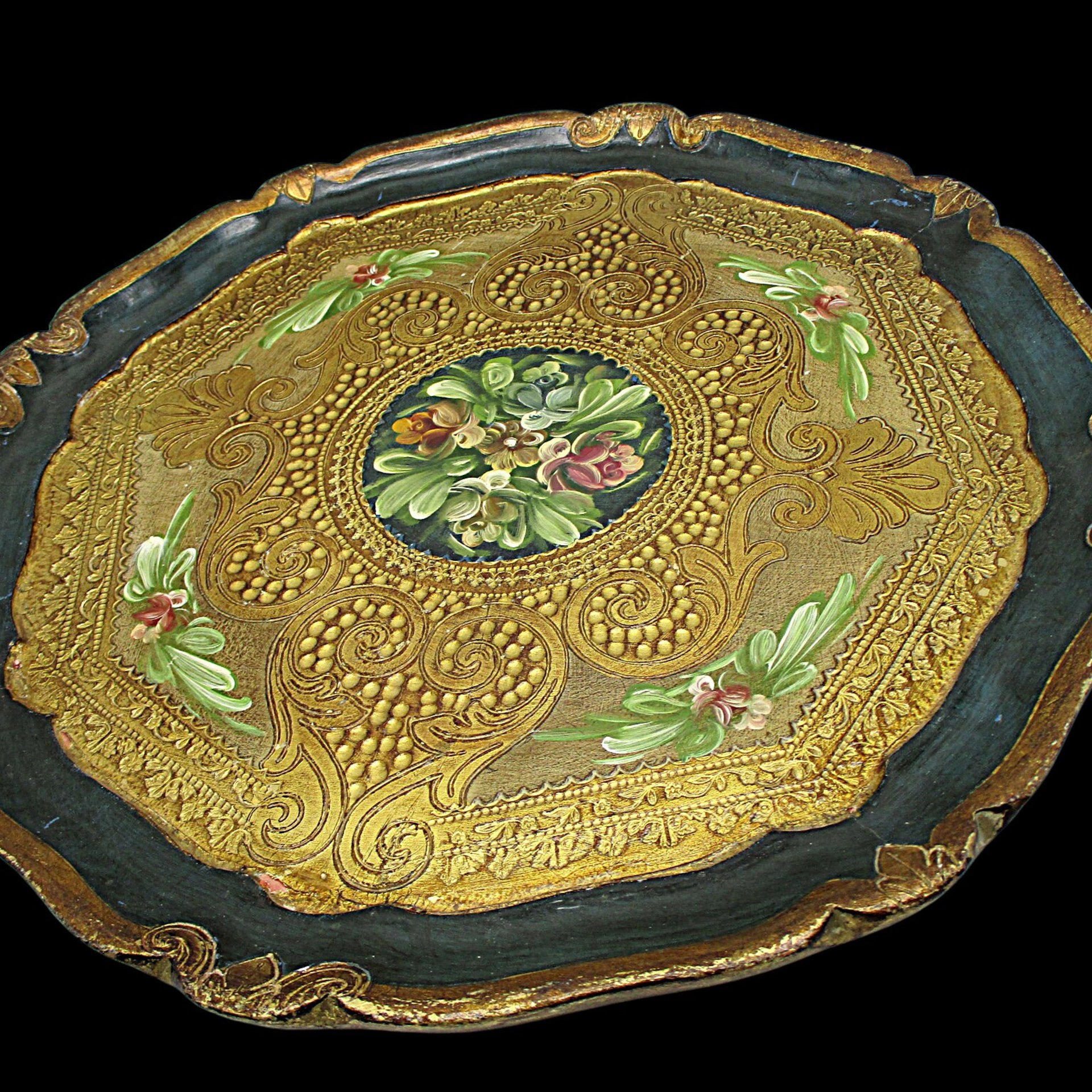 Florentine Tray, Hand Painted, Heavy Gold, Dark Green, Scalloped Edges, Floral Center, Wooden, Made in Italy