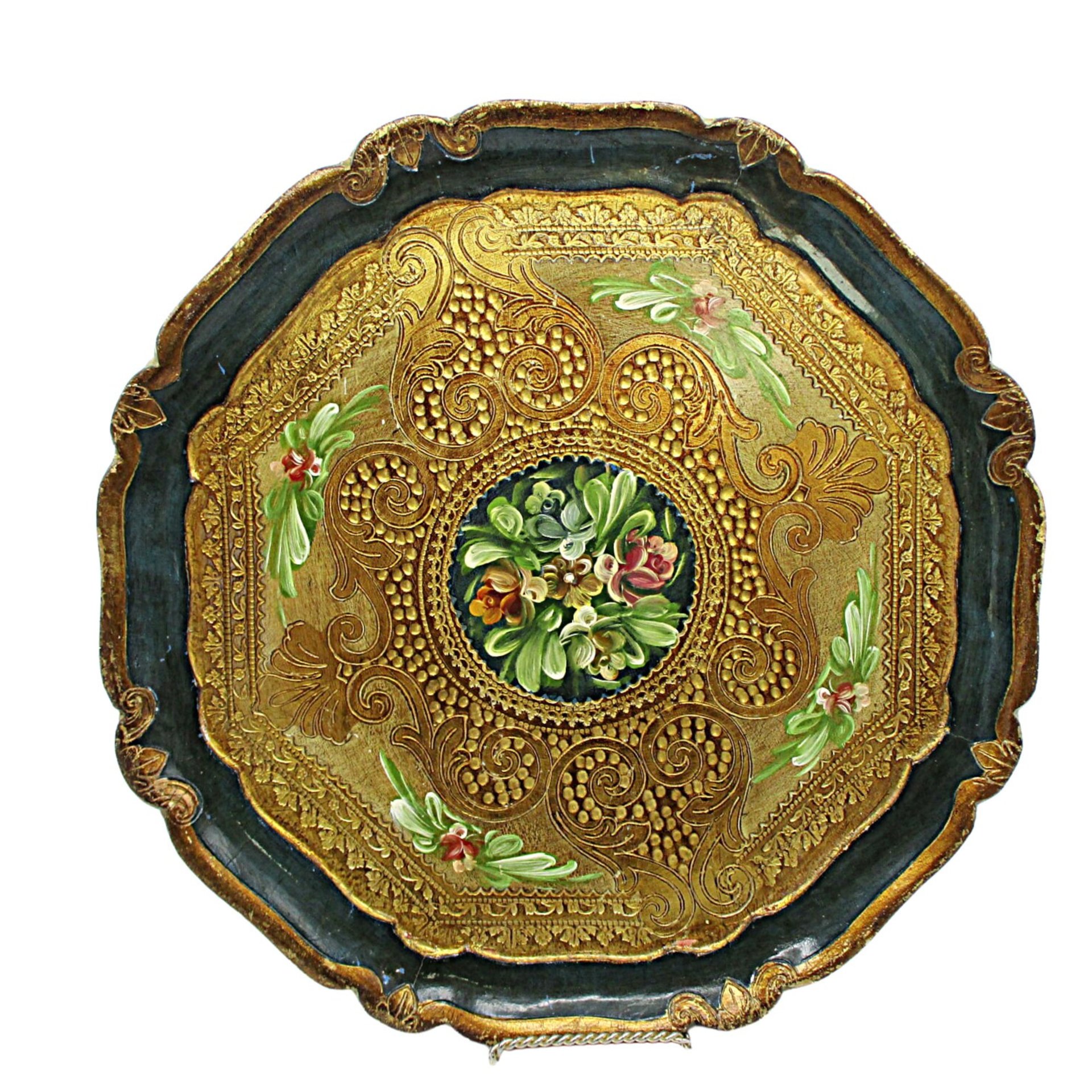 Florentine Tray, Hand Painted, Heavy Gold, Dark Green, Scalloped Edges, Floral Center, Wooden, Made in Italy