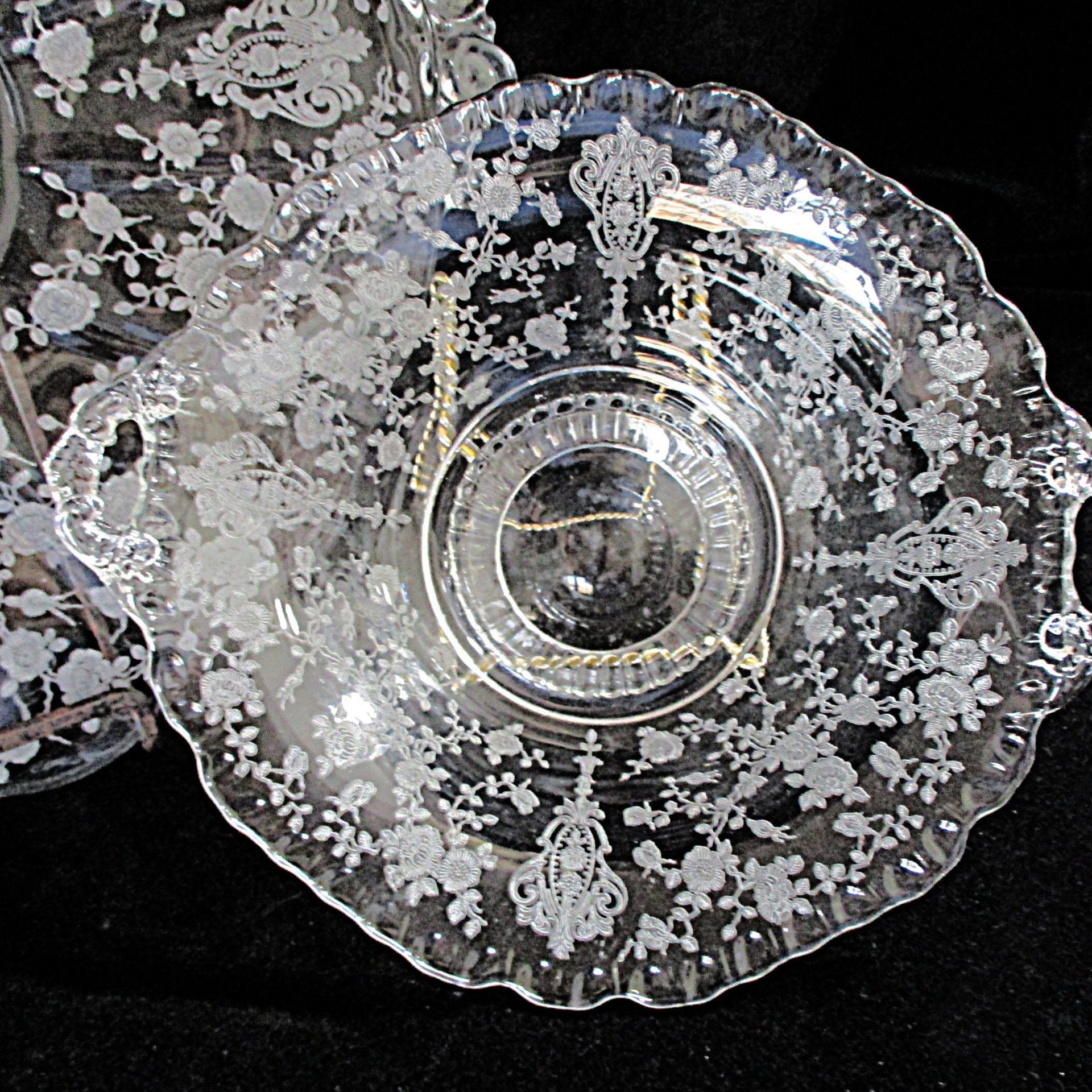 Cambridge Etched Platter and Bowl, Rose Point, Cheese and Cracker Plate, Serving Tray, AND Handled Bowl, Wedding or Bridal Shower
