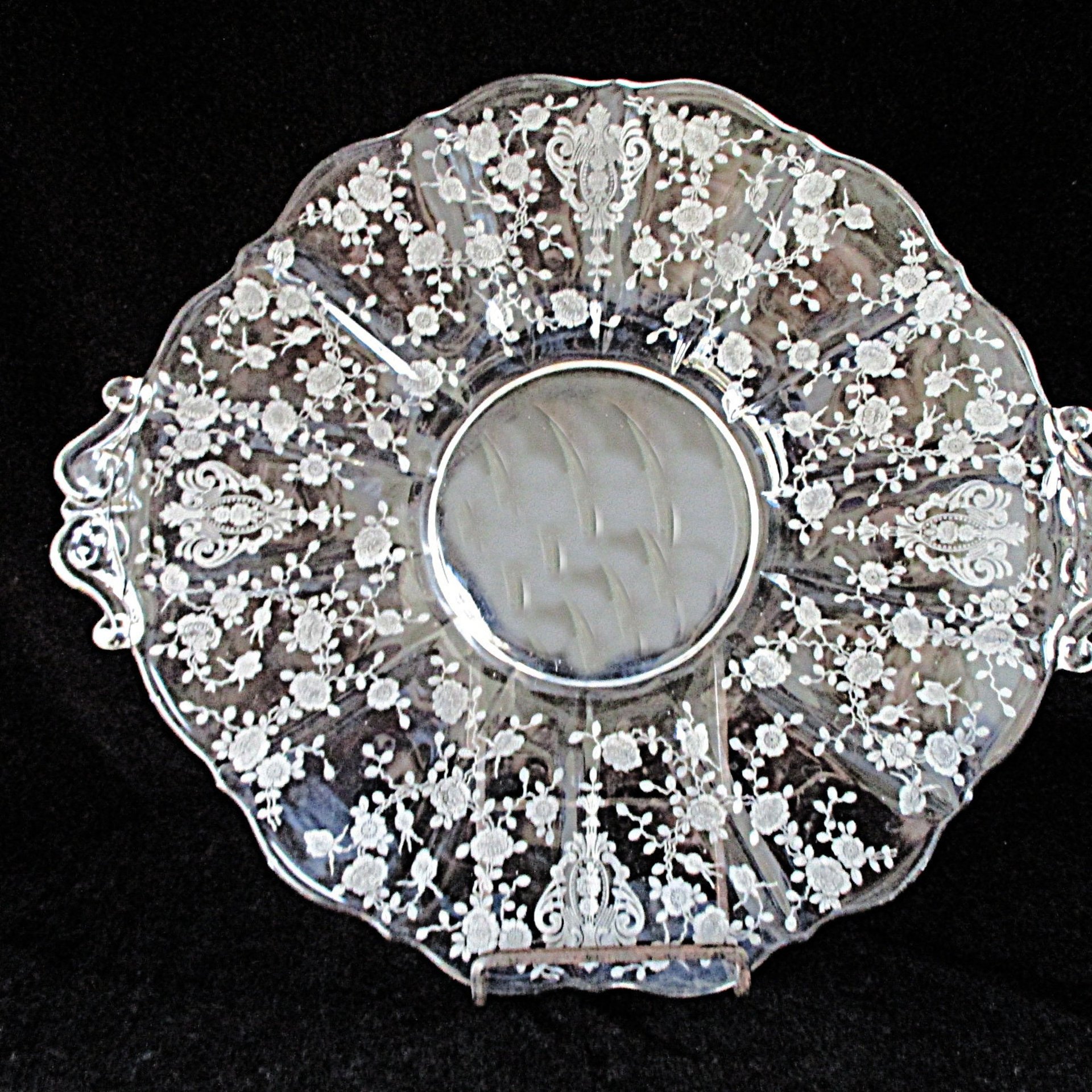 Cambridge Etched Platter and Bowl, Rose Point, Cheese and Cracker Plate, Serving Tray, AND Handled Bowl, Wedding or Bridal Shower