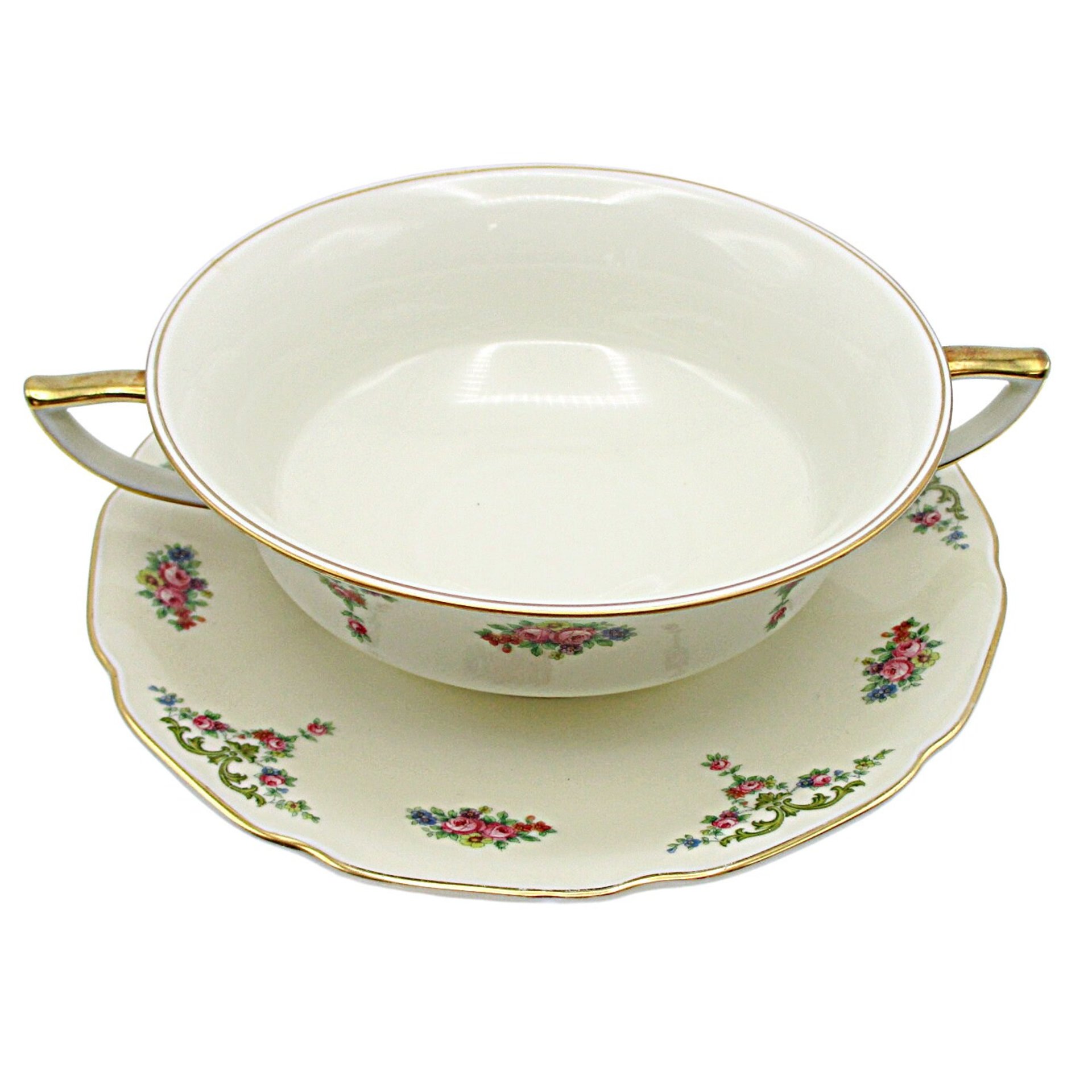 Bohemia Royal Ivory, The Myrtle, Windsor, Creme Soup Bowl and Saucer, Double Handled, Florals with Gold Trims, Made in Czechoslovakia
