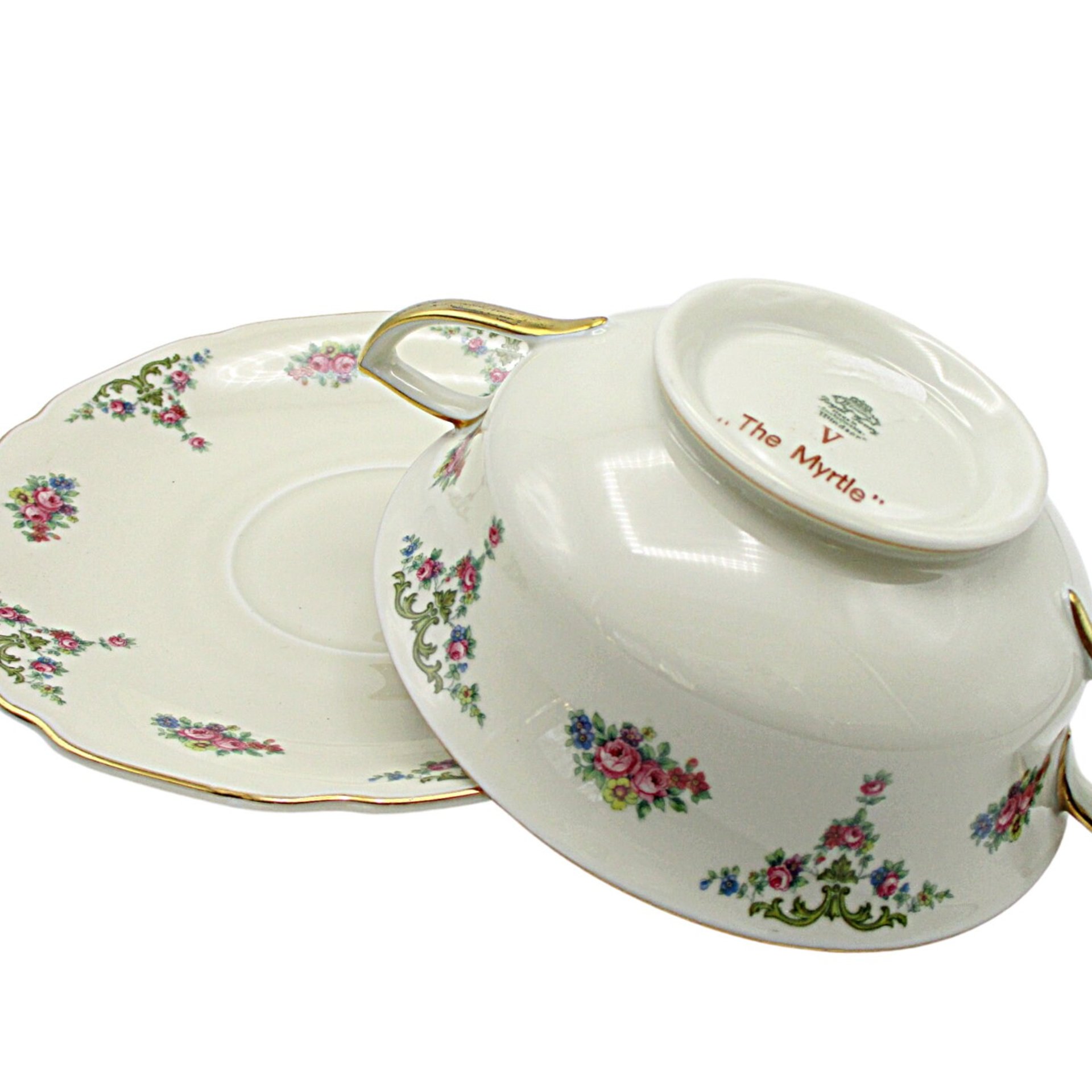 Bohemia Royal Ivory, The Myrtle, Windsor, Creme Soup Bowl and Saucer, Double Handled, Florals with Gold Trims, Made in Czechoslovakia