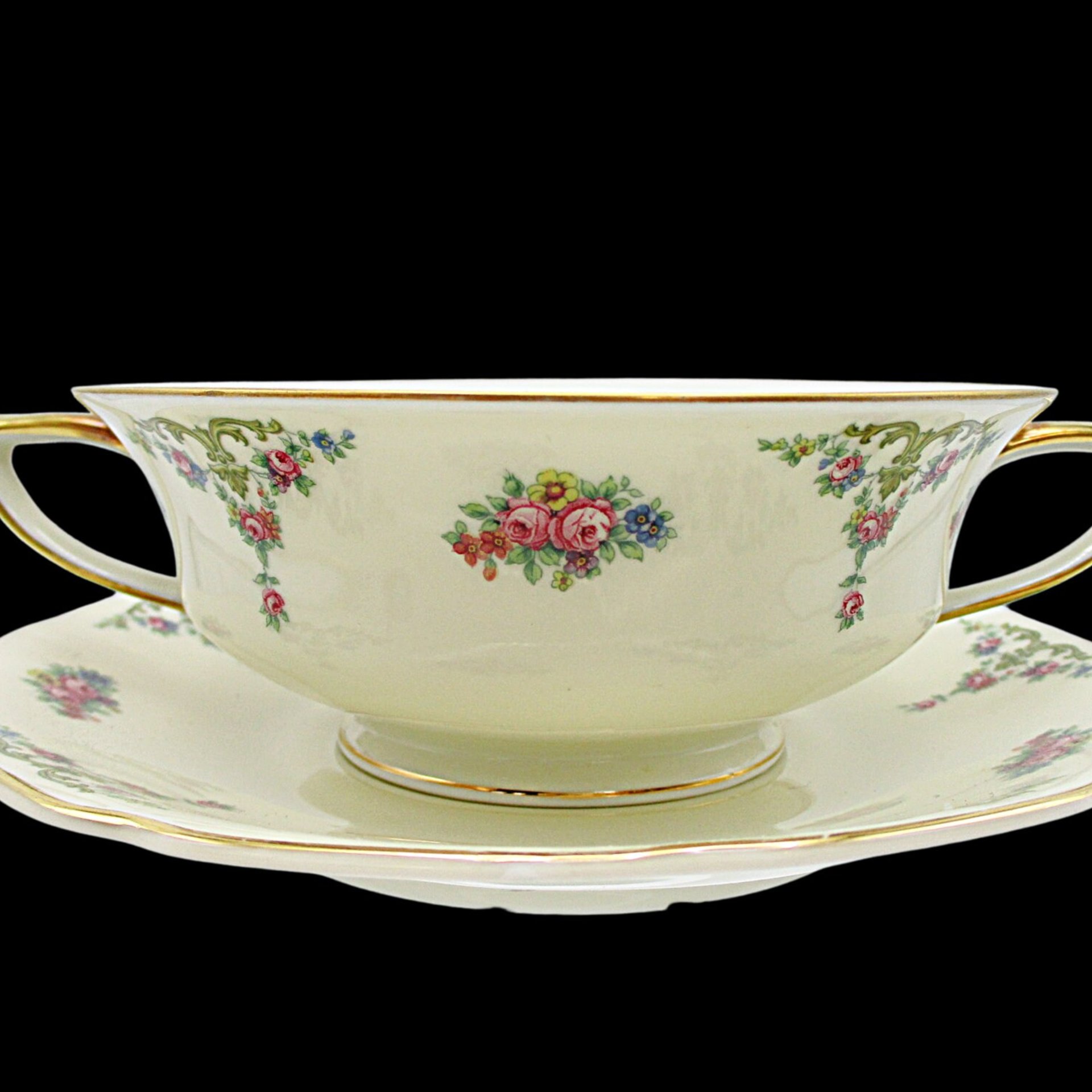 Bohemia Royal Ivory, The Myrtle, Windsor, Creme Soup Bowl and Saucer, Double Handled, Florals with Gold Trims, Made in Czechoslovakia