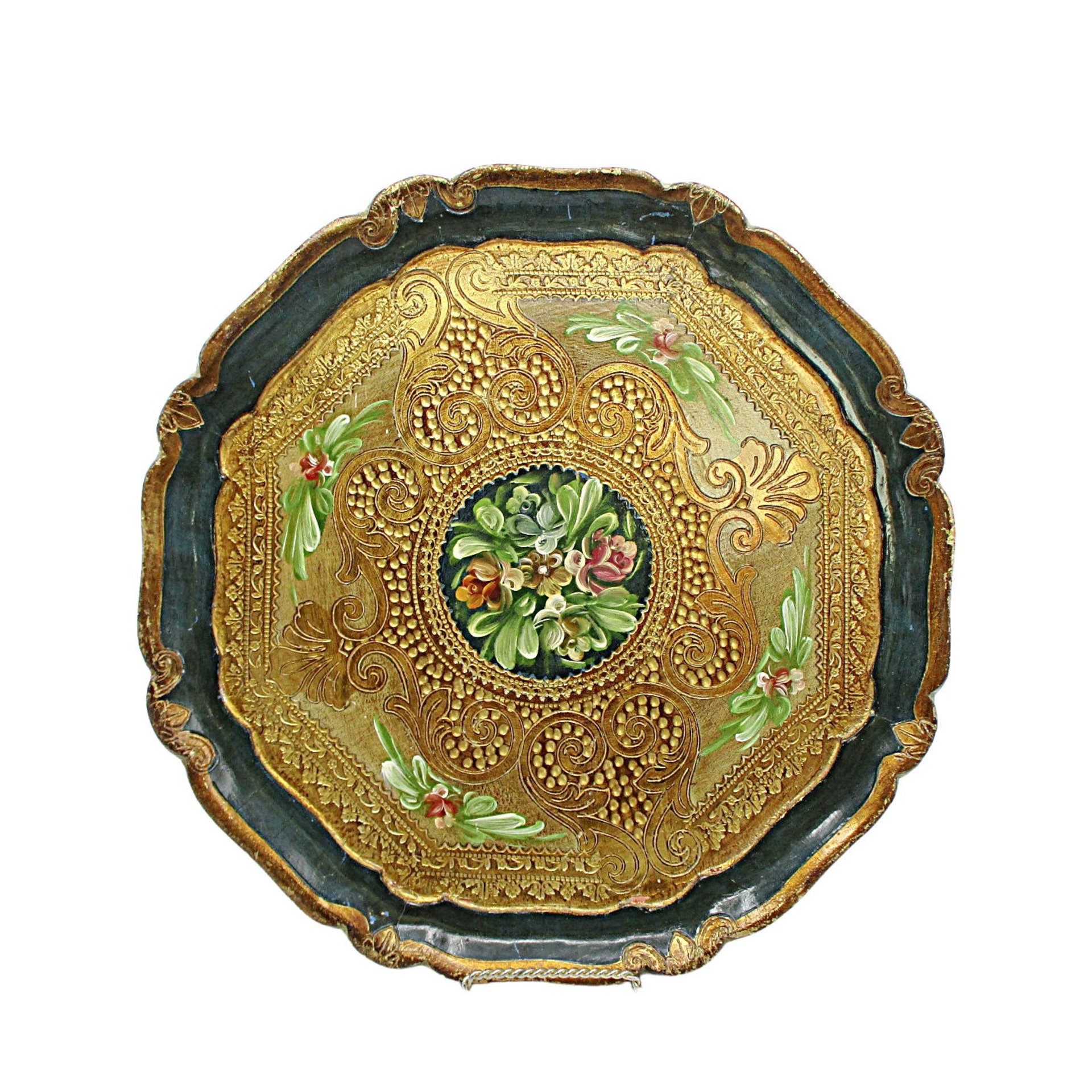 Florentine Tray, Hand Painted, Heavy Gold, Dark Green, Scalloped Edges, Floral Center, Wooden, Made in Italy