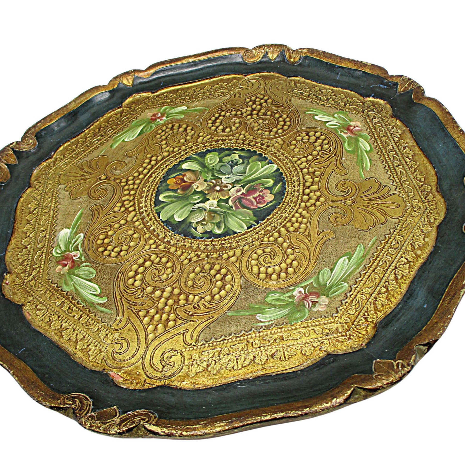 Florentine Tray, Hand Painted, Heavy Gold, Dark Green, Scalloped Edges, Floral Center, Wooden, Made in Italy