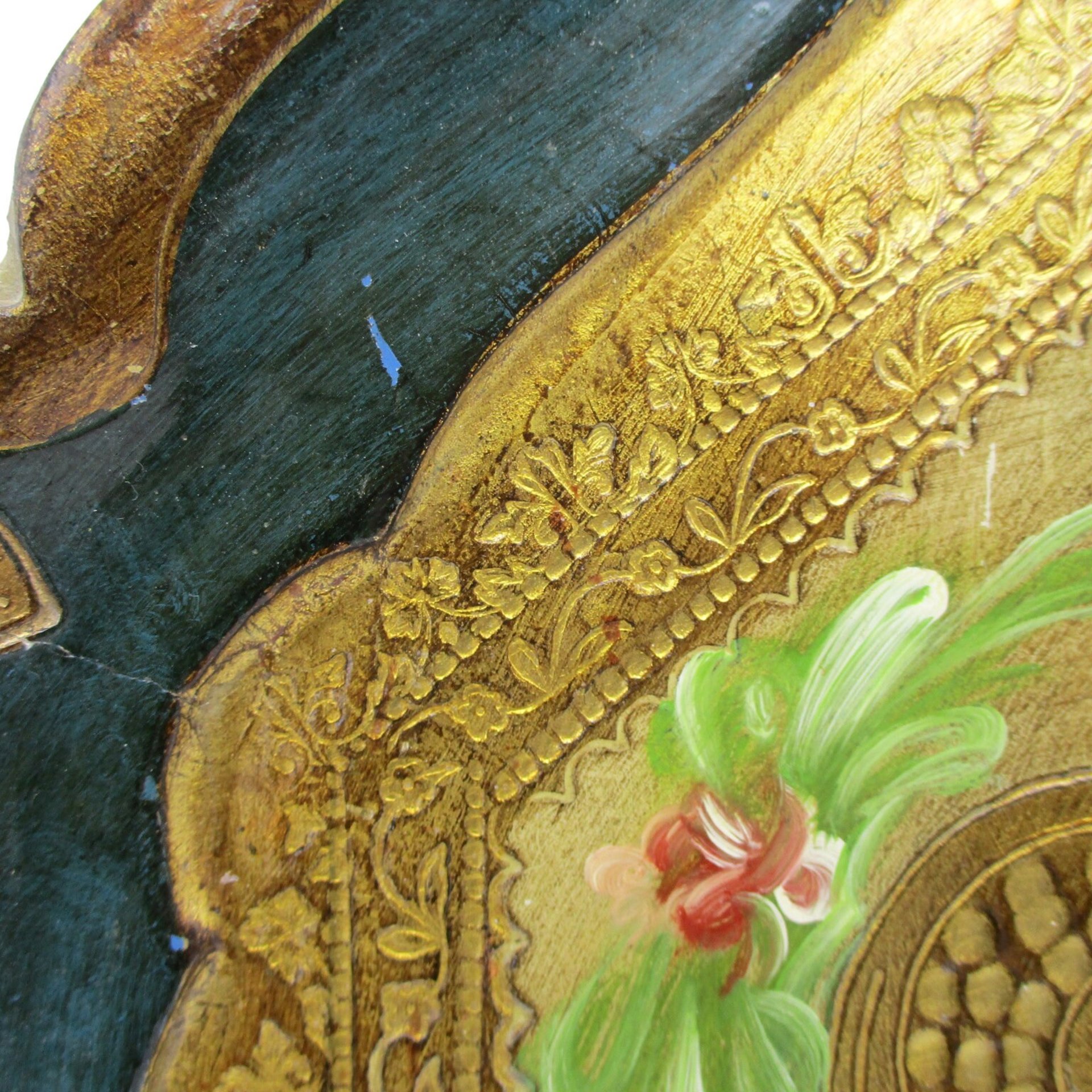 Florentine Tray, Hand Painted, Heavy Gold, Dark Green, Scalloped Edges, Floral Center, Wooden, Made in Italy
