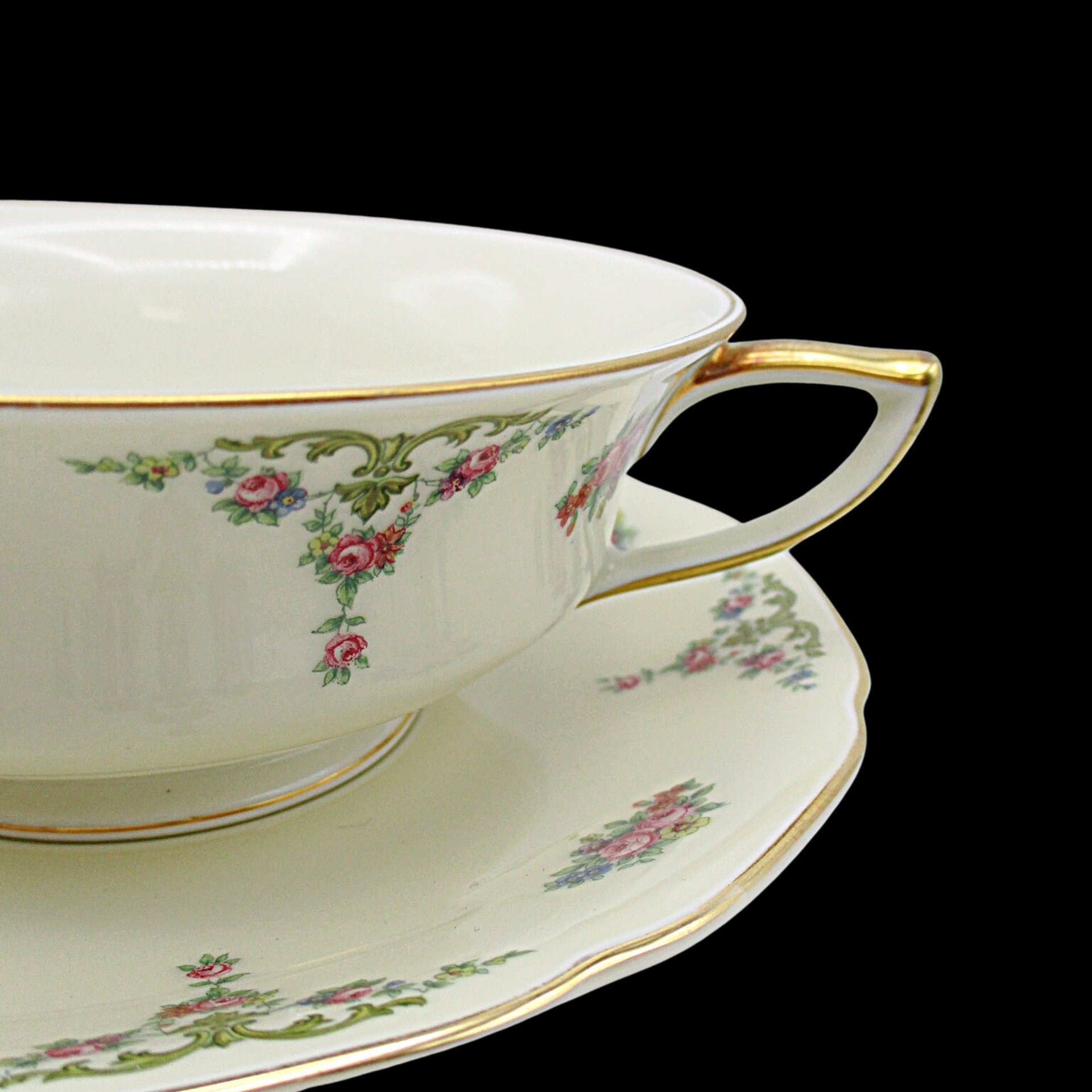 Bohemia Royal Ivory, The Myrtle, Windsor, Creme Soup Bowl and Saucer, Double Handled, Florals with Gold Trims, Made in Czechoslovakia