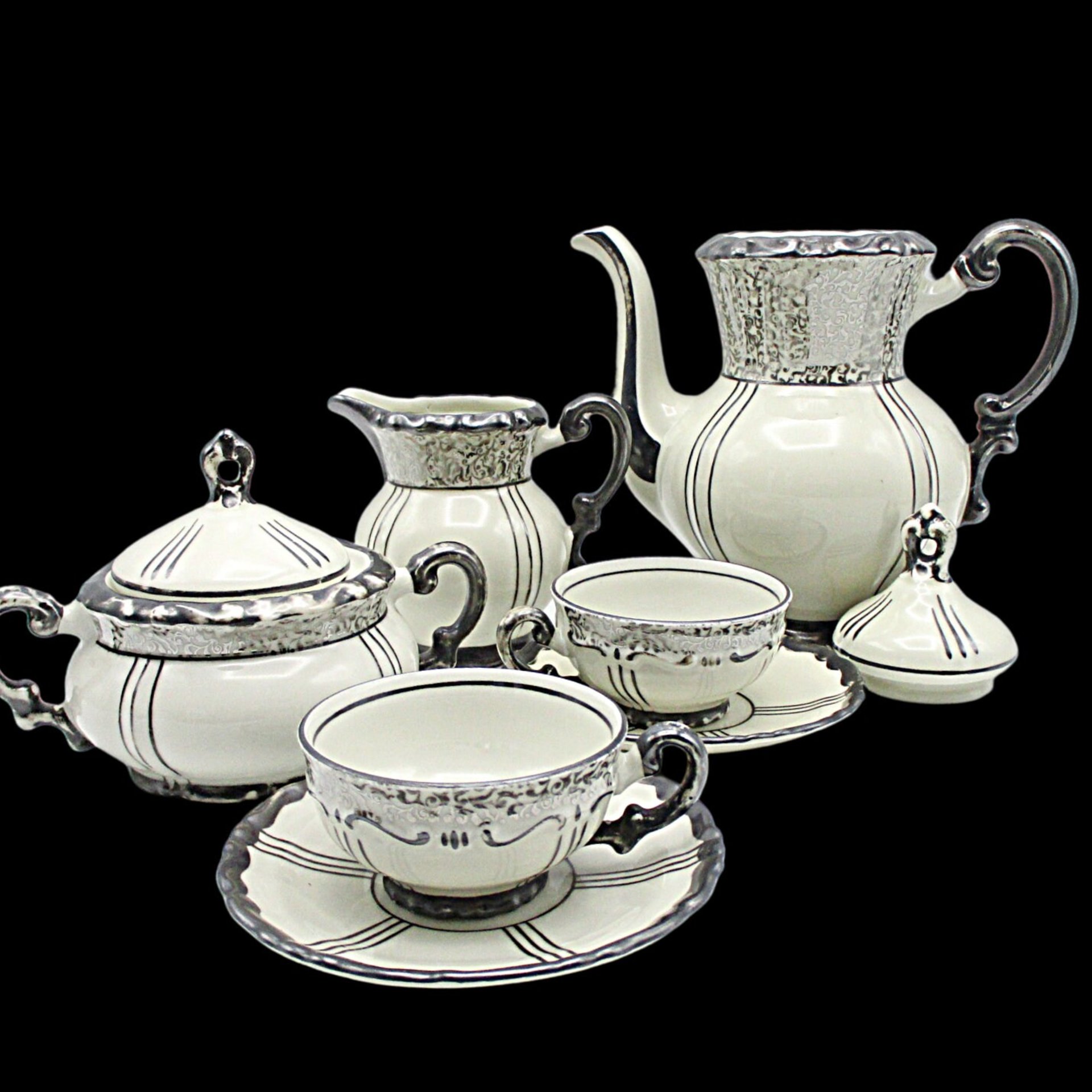 Demitasse Set, Mitterteich Bavaria, 9pcs with Teapot, Creamer, Sugar Bowl, 2 Cups, 2 Saucers, Creamy White with Deep Silver Trim, Germany