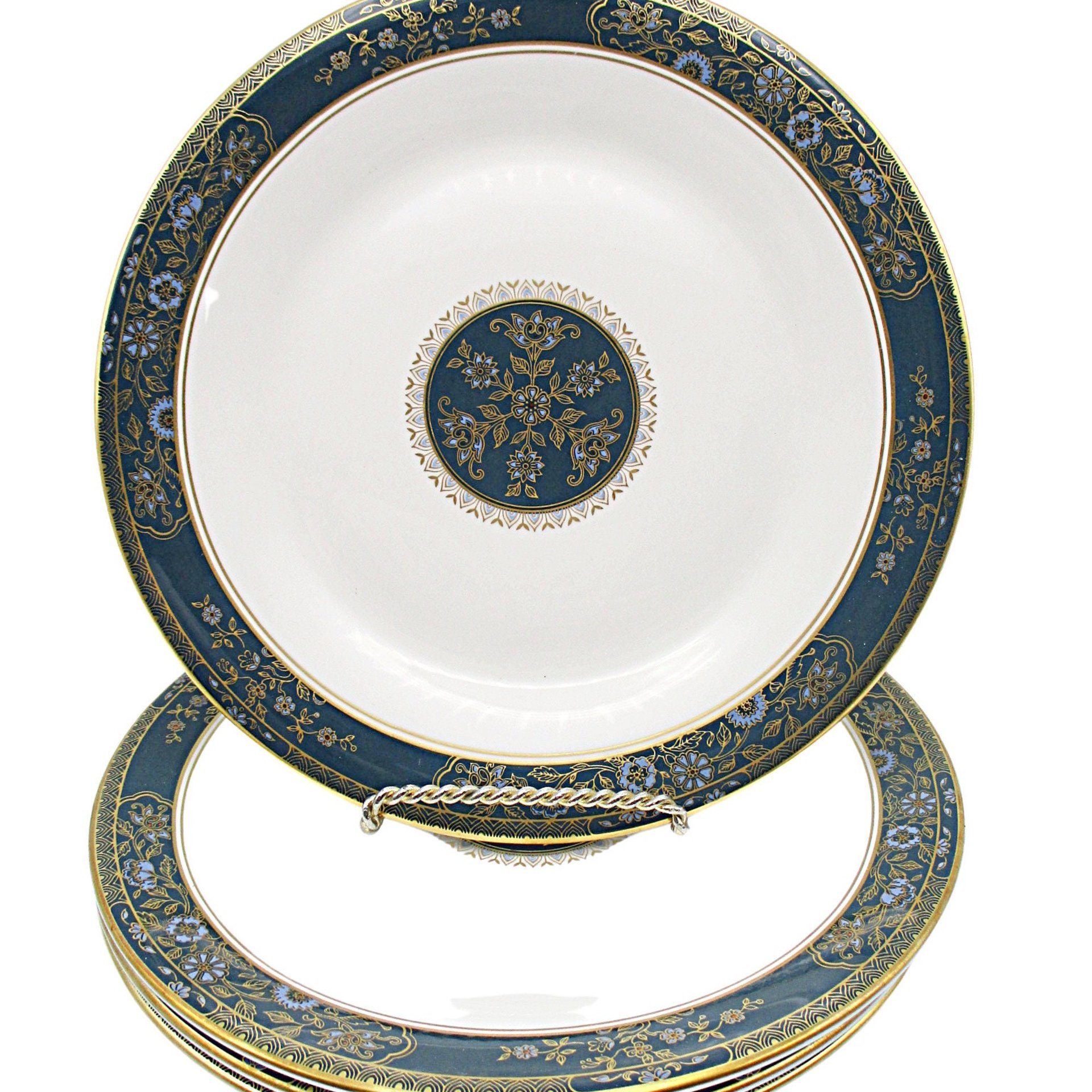 Royal Doulton Carlyle Bread Plates, Set of 4, Deep Teal with Gold and Blue Florals,  Excellent Condition