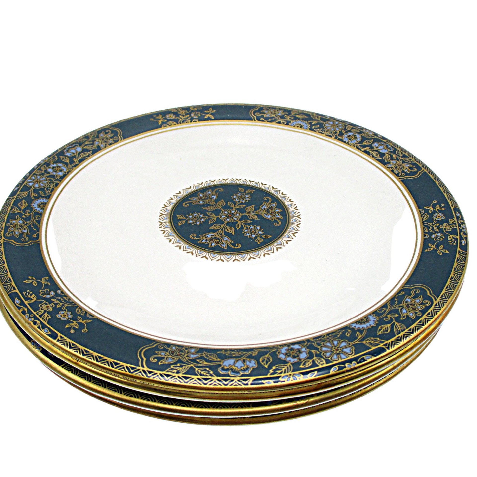 Royal Doulton Carlyle Bread Plates, Set of 4, Deep Teal with Gold and Blue Florals,  Excellent Condition