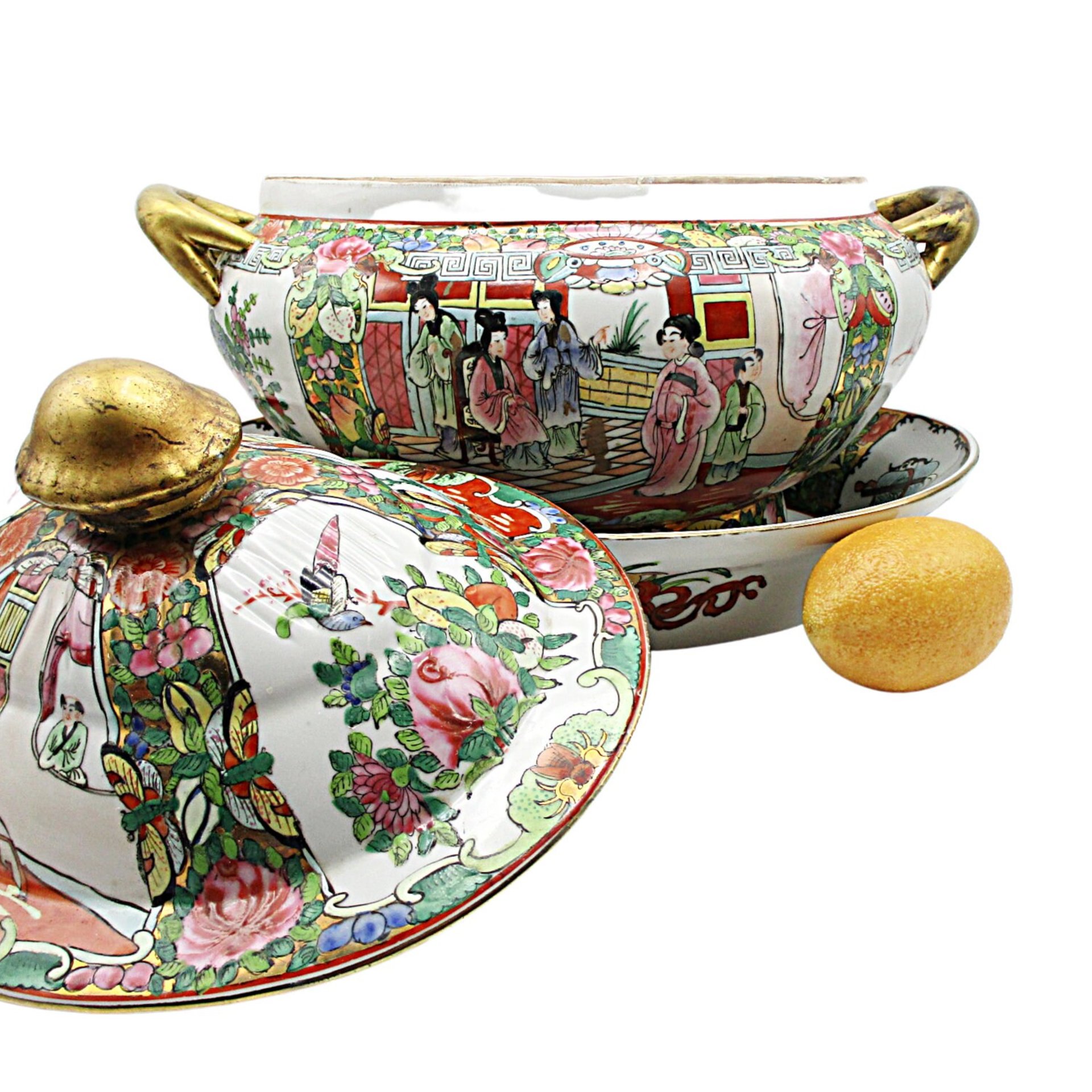 Antique Asian Tureen, Large, Lidded with Meat Platter, Geisha Design, Gold Handles, Soup Server, Beautiful, Late 1800s, Wedding Gift