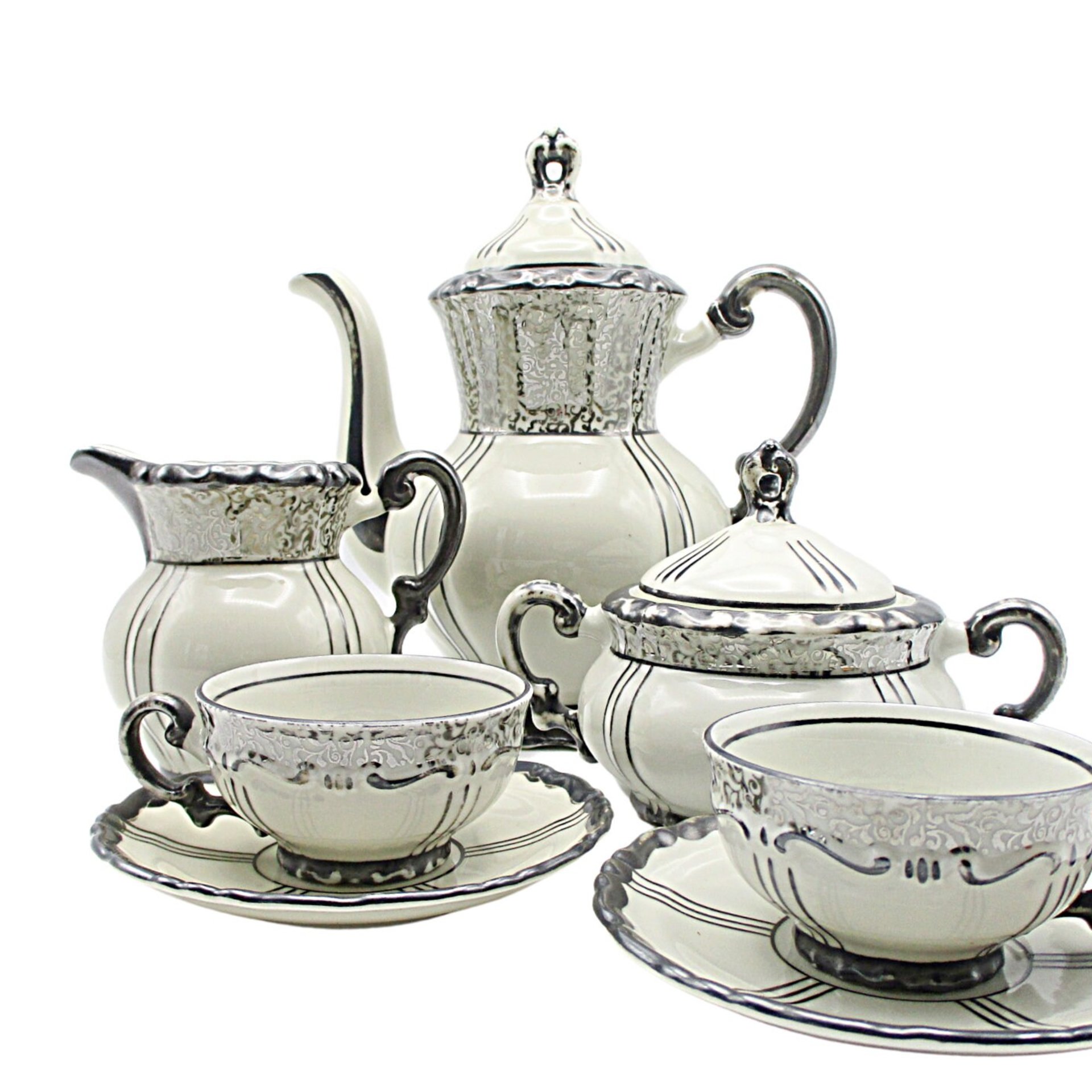 Demitasse Set, Mitterteich Bavaria, 9pcs with Teapot, Creamer, Sugar Bowl, 2 Cups, 2 Saucers, Creamy White with Deep Silver Trim, Germany