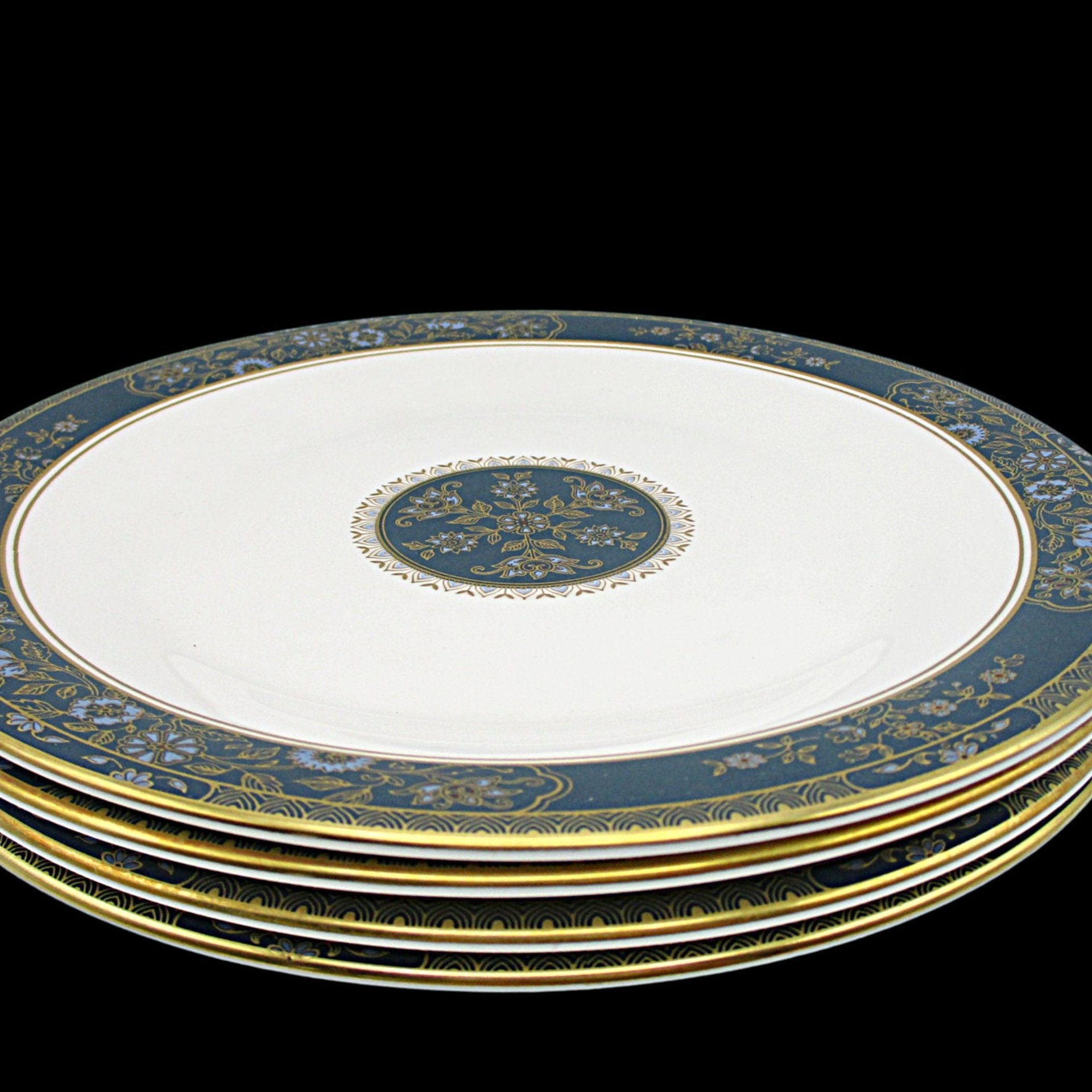 Royal Doulton Carlyle Bread Plates, Set of 4, Deep Teal with Gold and Blue Florals,  Excellent Condition