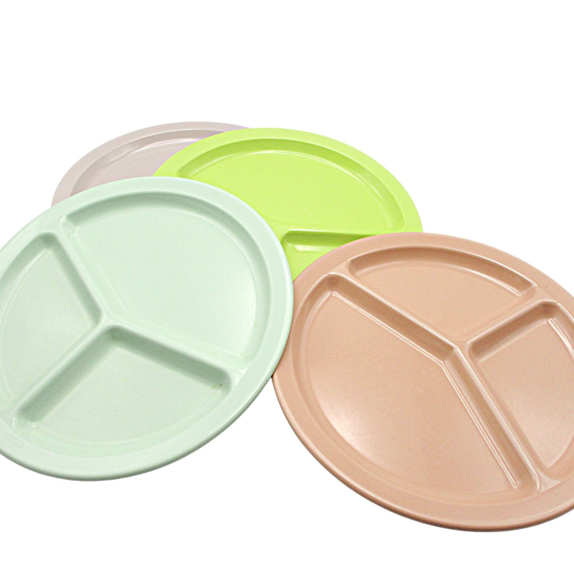 Set of 4, Texas Ware, ABC Mfg, Divided Plates, Melamine, Green, Rose, Yellow, Lime Green, Grill Plates, Summer Outdoor Dining, Dinner Plates