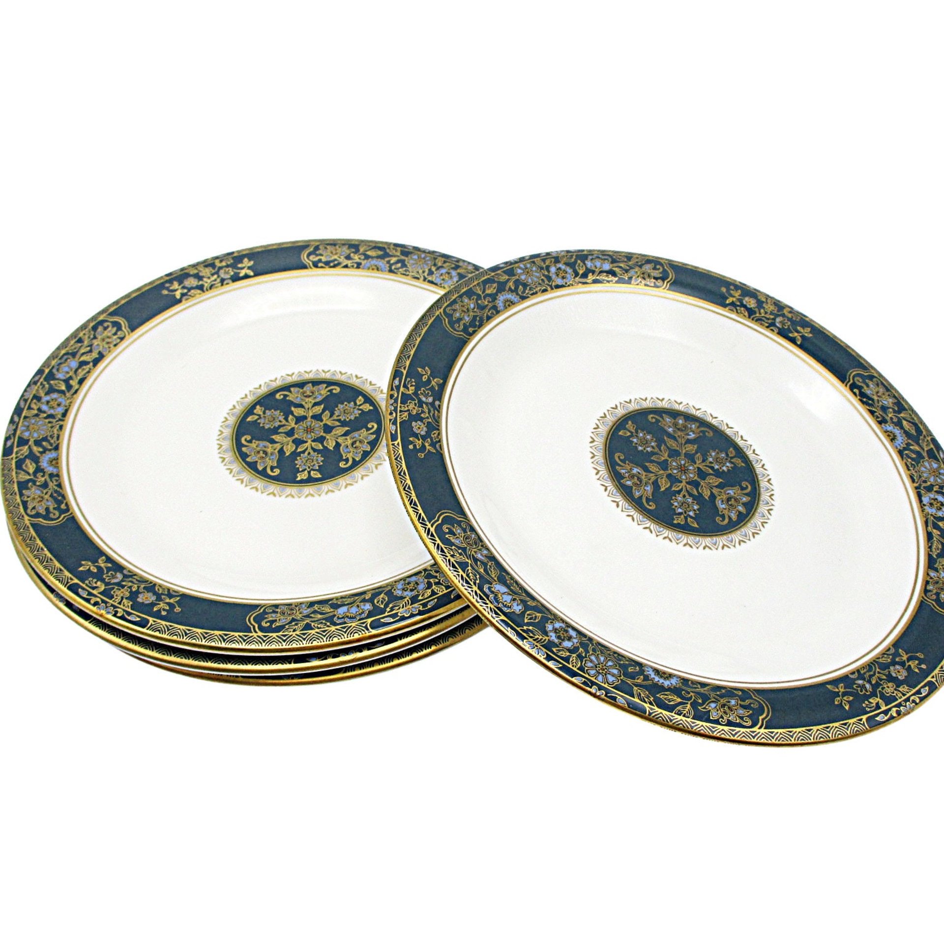 Royal Doulton Carlyle Bread Plates, Set of 4, Deep Teal with Gold and Blue Florals,  Excellent Condition