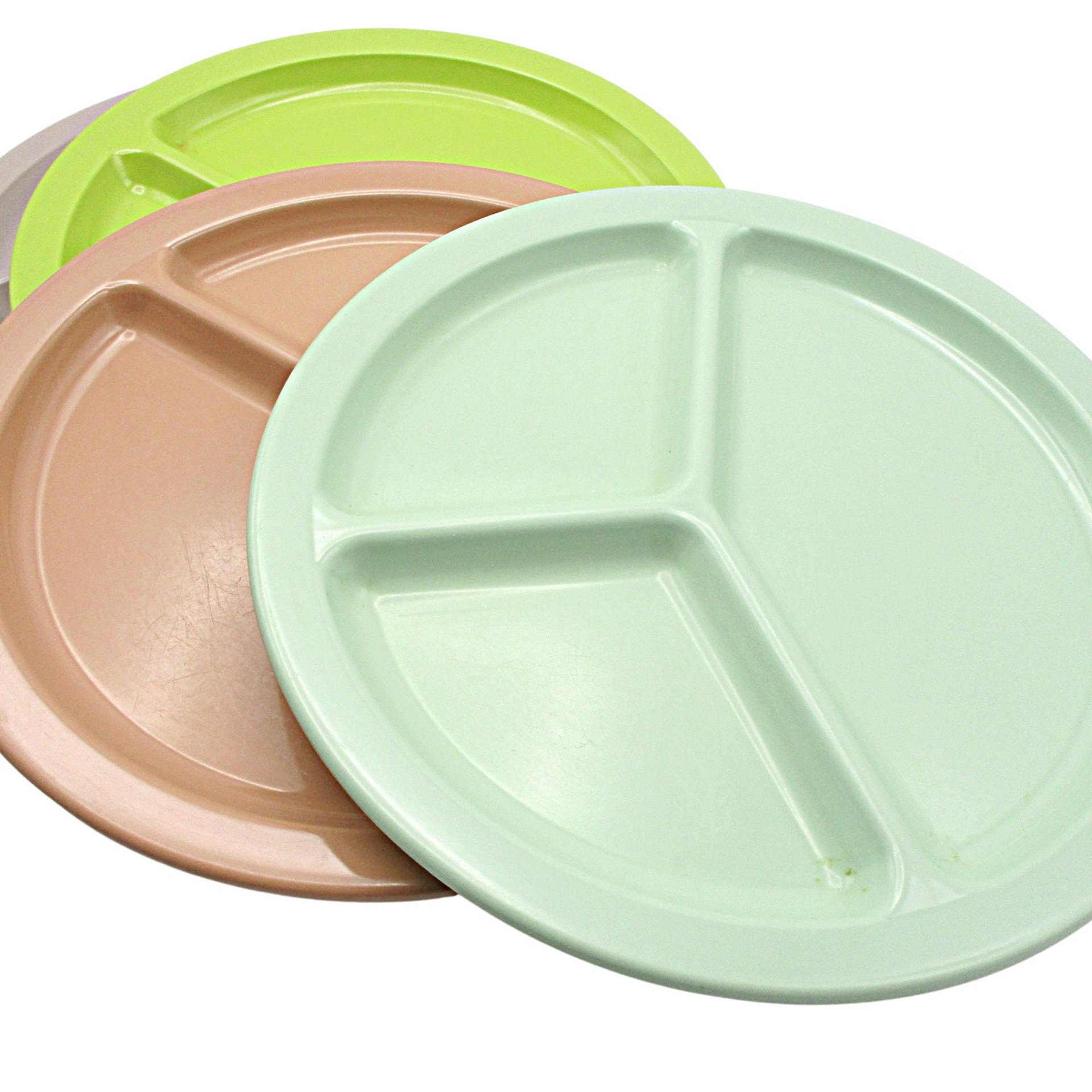 Set of 4, Texas Ware, ABC Mfg, Divided Plates, Melamine, Green, Rose, Yellow, Lime Green, Grill Plates, Summer Outdoor Dining, Dinner Plates