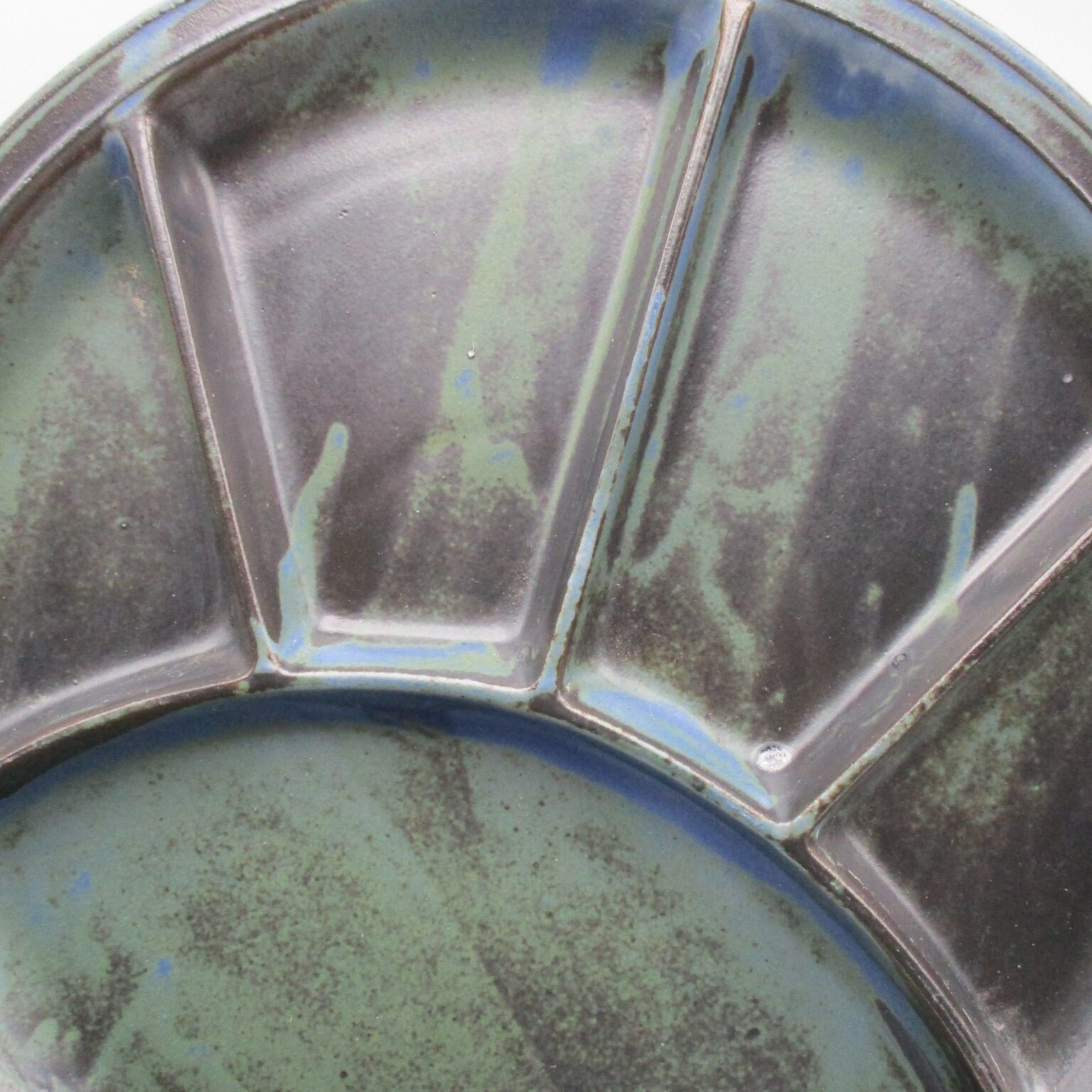 Grill Plates, Set of 6, Dark Brown Pottery, Blue Glazing, Vintage Hand Crafted, Casual Dining, Divided Plates