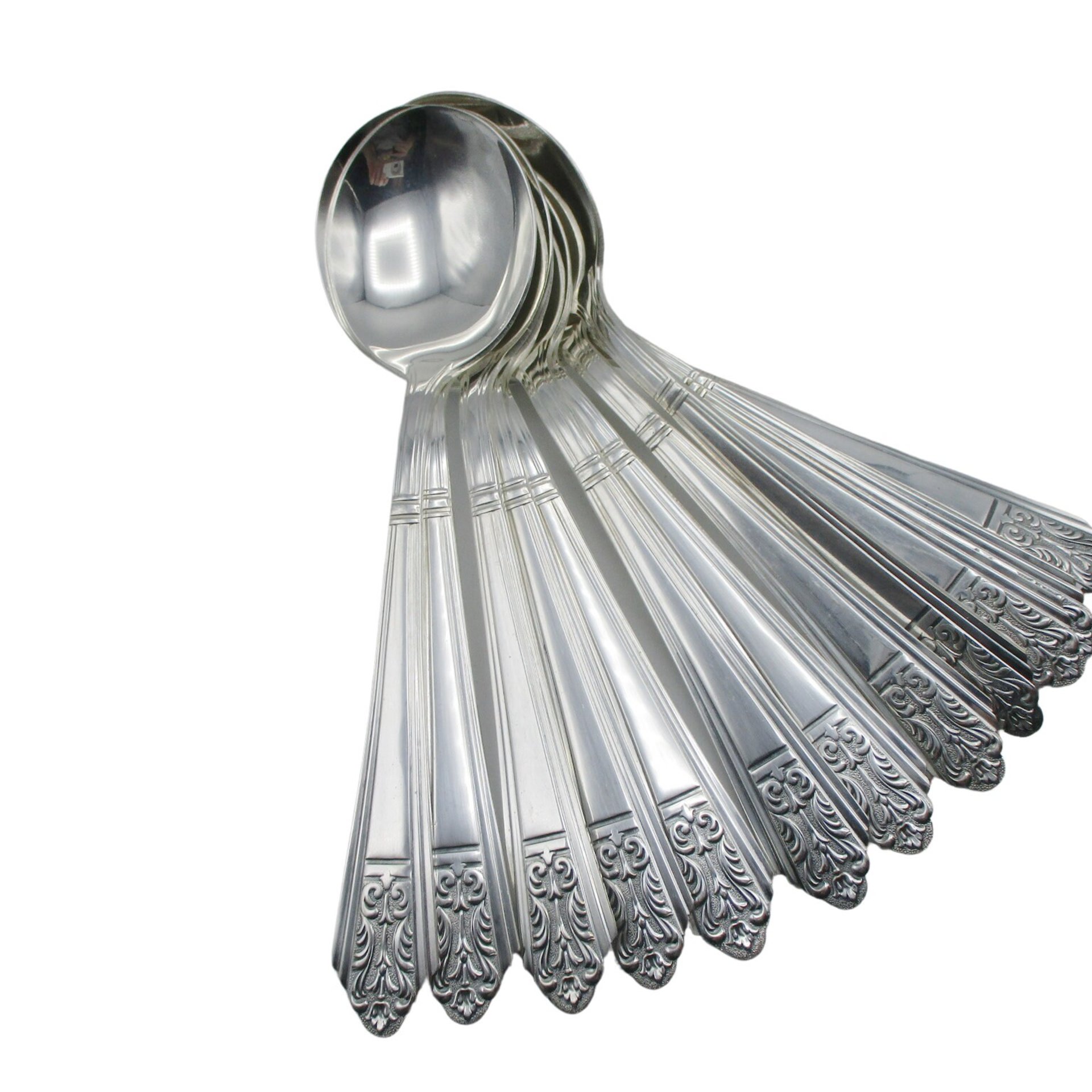 Royal Saxony Silver Plate 12 Place Settings, Plus 6 Serving Pieces, Total of 78 Pcs, 6pc Place Settings, Royal Saxony Flatware, 1930s