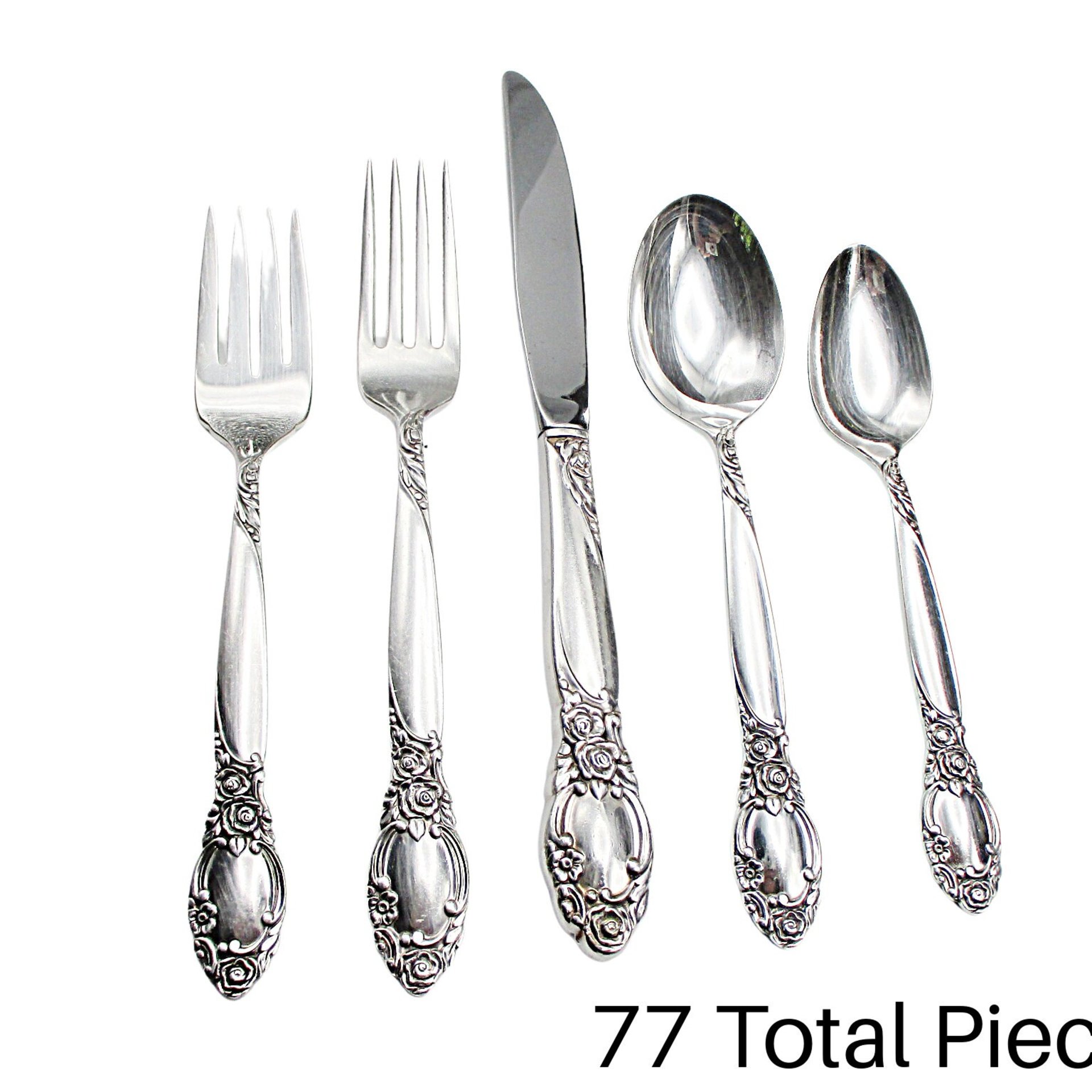 Ballad or Country Rose, Silver Plate,  Flatware Set, 12 Place Settings and Serving Pieces, Community Plate, Wooden Case, 77 Pieces Total