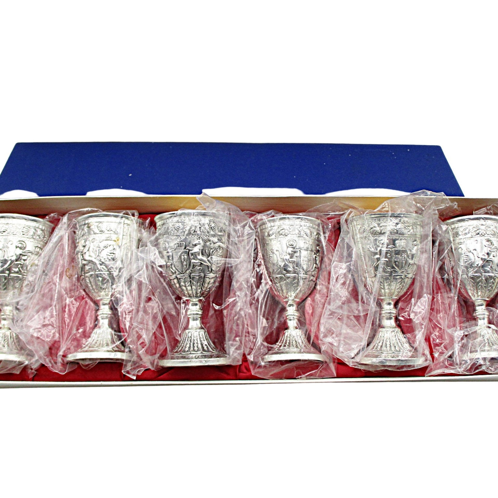 Set of 6 Liquors, or Cordials, Metal Silver Tone Exterior, Gold Toned Interior, Original Packaging, Never Used, Made in Japan