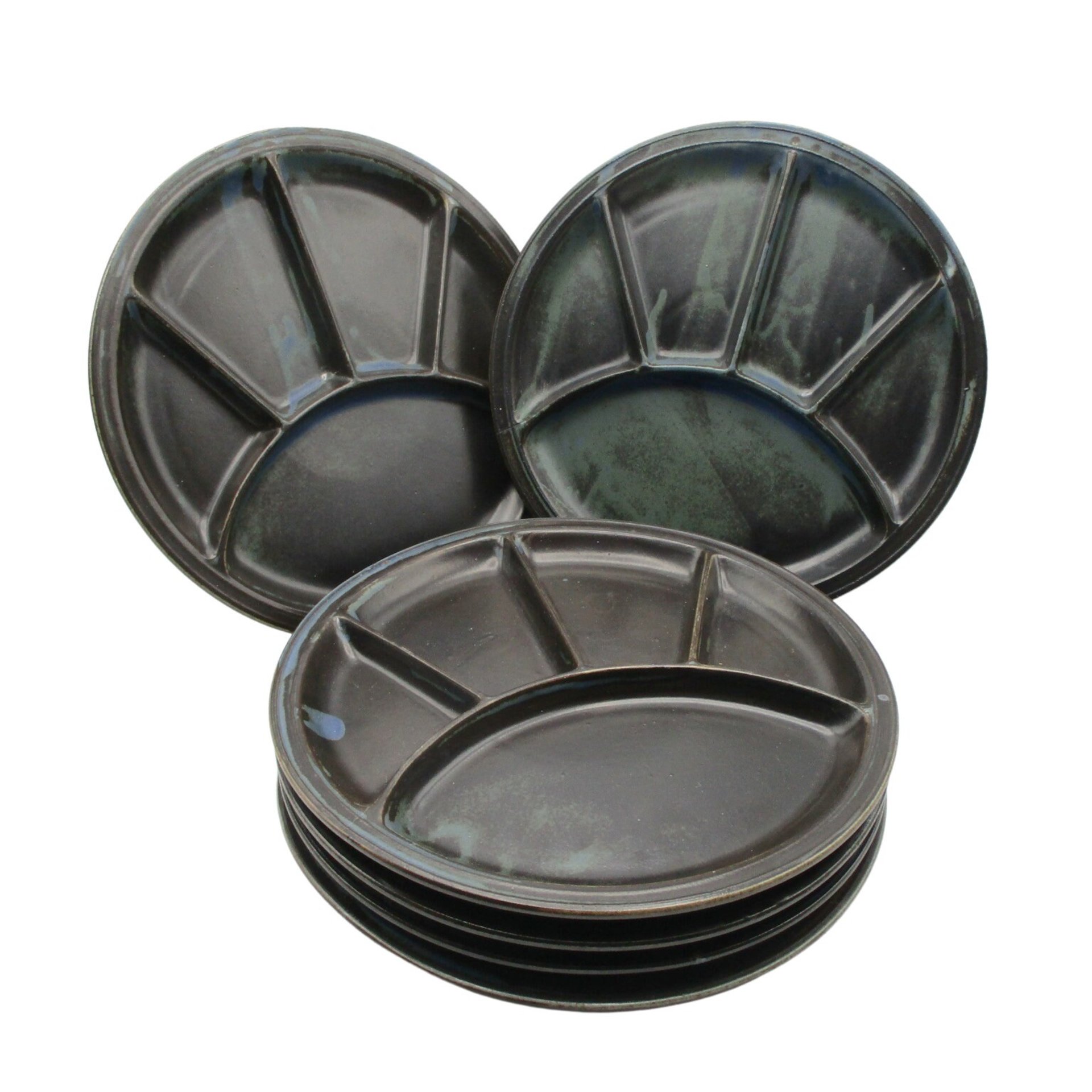 Grill Plates, Set of 6, Dark Brown Pottery, Blue Glazing, Vintage Hand Crafted, Casual Dining, Divided Plates