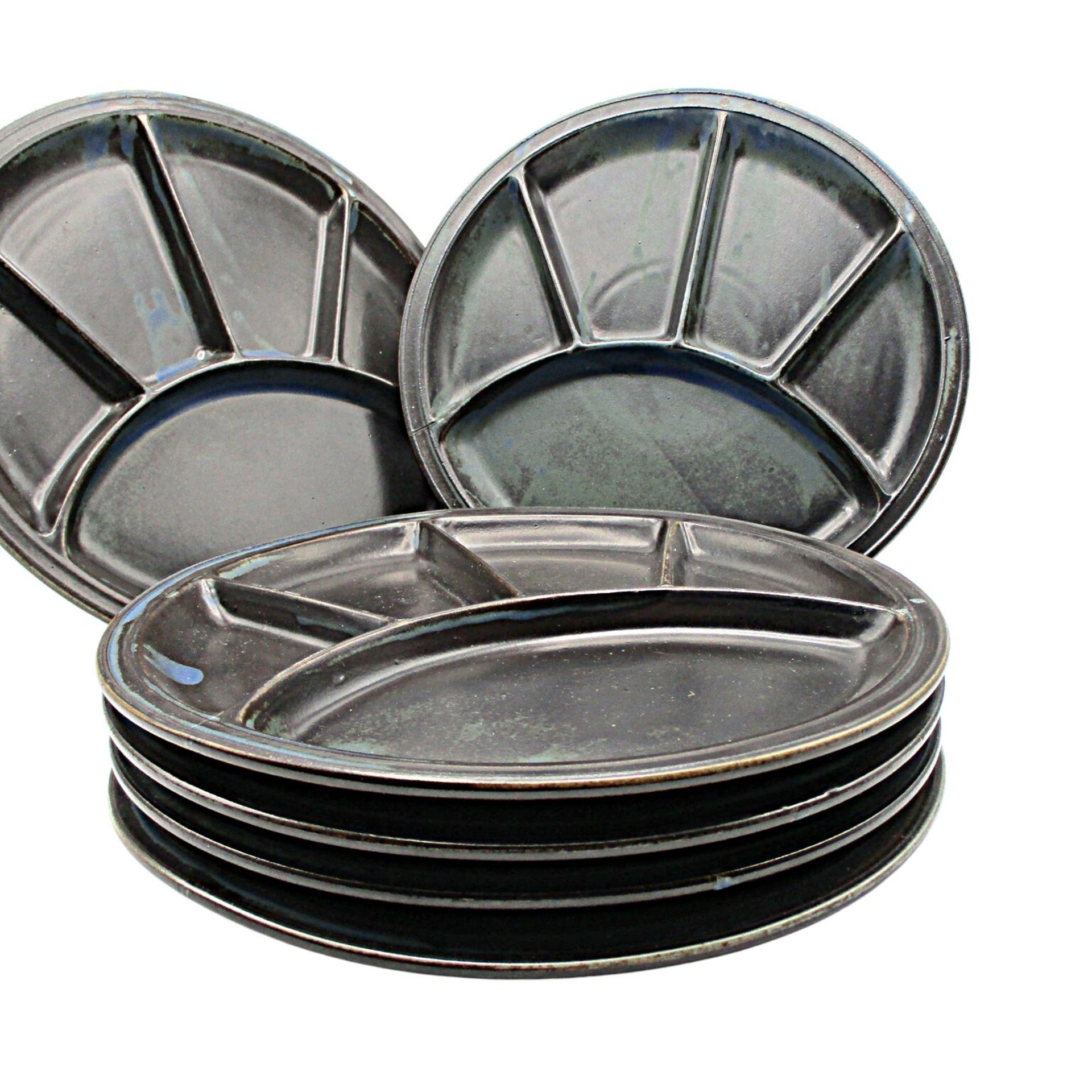 Grill Plates, Set of 6, Dark Brown Pottery, Blue Glazing, Vintage Hand Crafted, Casual Dining, Divided Plates
