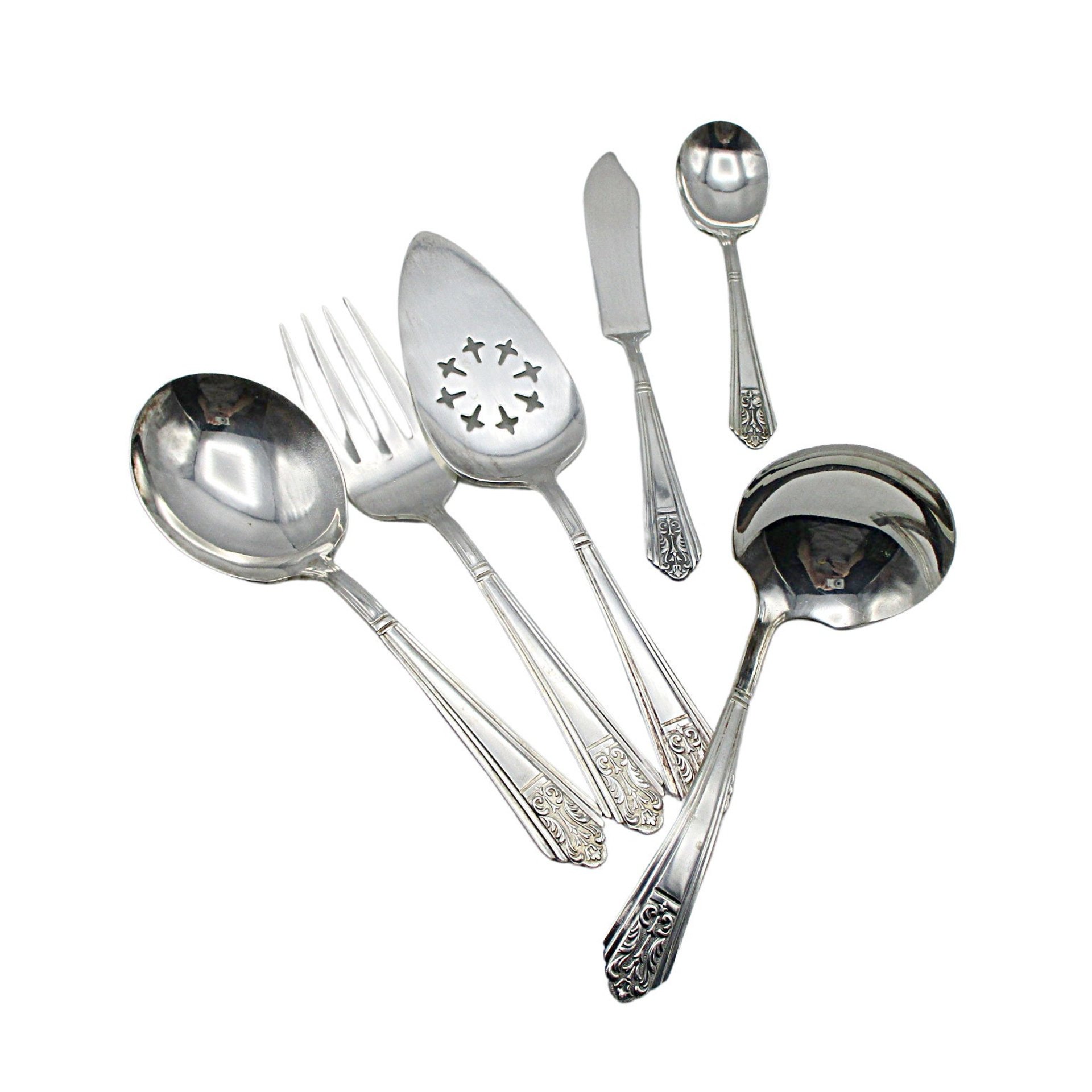 Royal Saxony Silver Plate 12 Place Settings, Plus 6 Serving Pieces, Total of 78 Pcs, 6pc Place Settings, Royal Saxony Flatware, 1930s