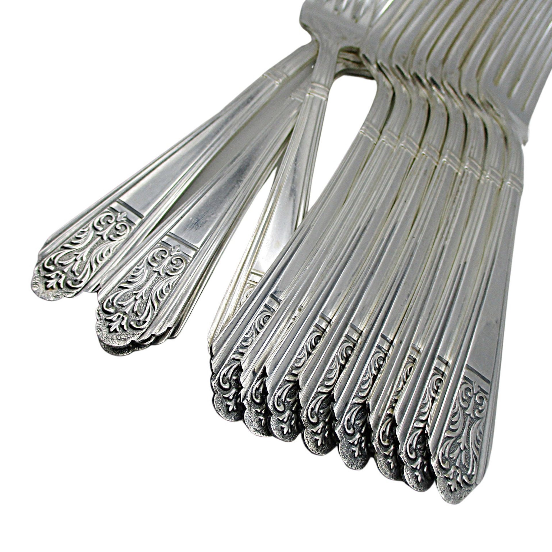 Royal Saxony Silver Plate 12 Place Settings, Plus 6 Serving Pieces, Total of 78 Pcs, 6pc Place Settings, Royal Saxony Flatware, 1930s