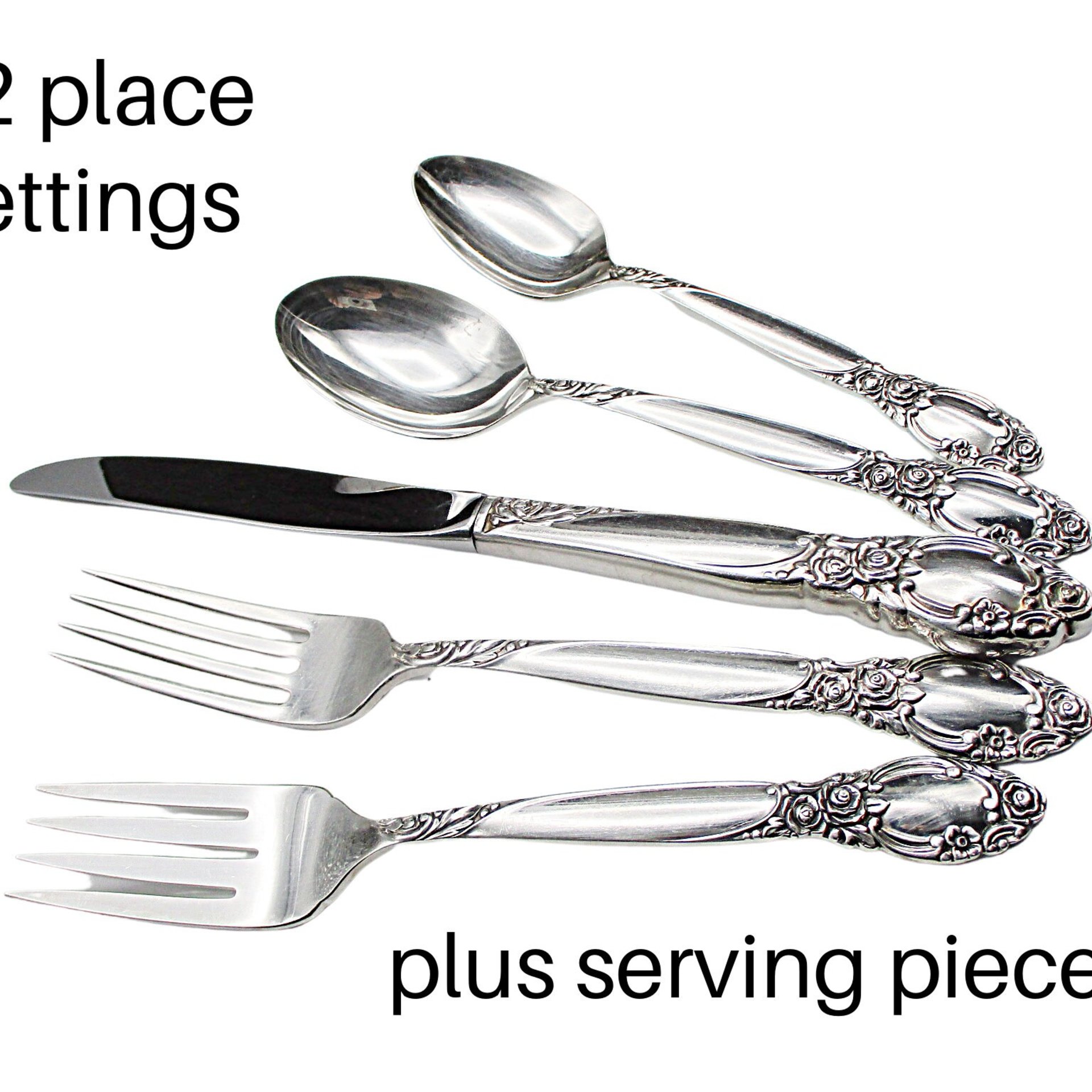 Ballad or Country Rose, Silver Plate,  Flatware Set, 12 Place Settings and Serving Pieces, Community Plate, Wooden Case, 77 Pieces Total