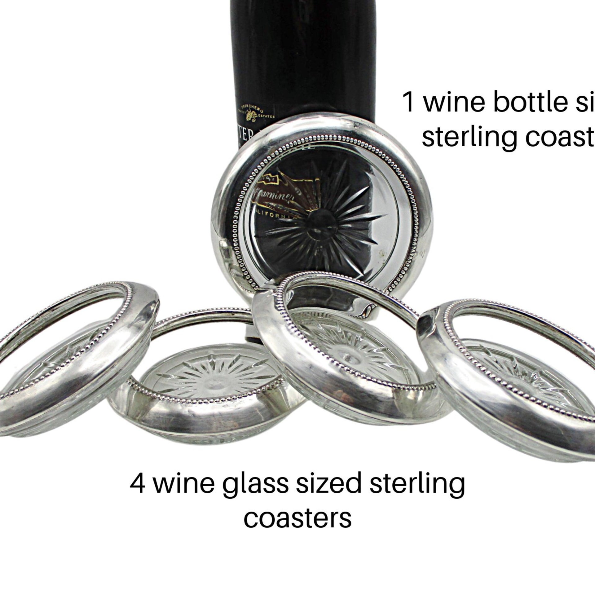 Sterling Silver Wine Bottle and Wine Glass Coaster Set, Starburst Glass, Frank Whiting, Sterling Rims, 5pc Set, Wedding Gift for Wine Lover