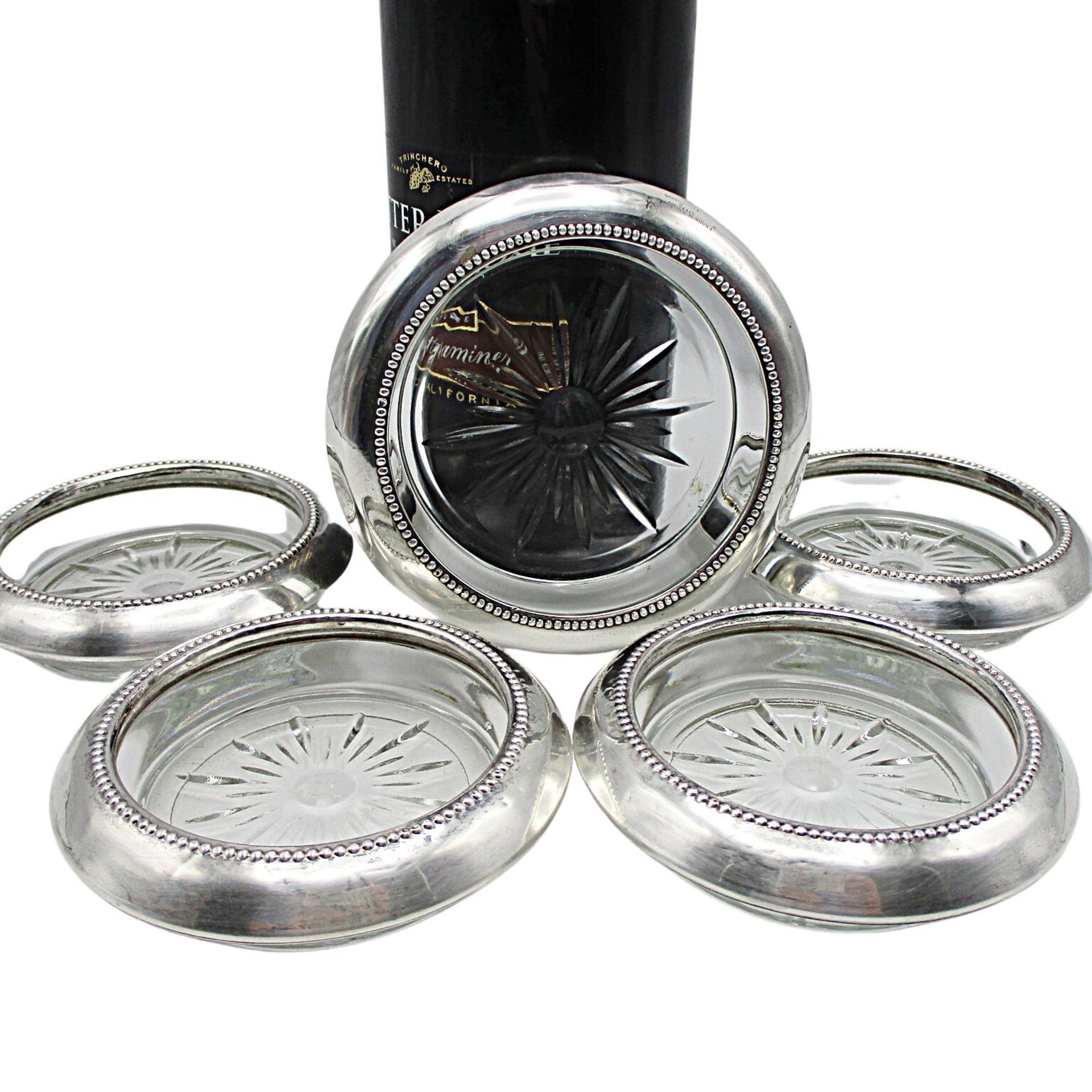 Sterling Silver Wine Bottle and Wine Glass Coaster Set, Starburst Glass, Frank Whiting, Sterling Rims, 5pc Set, Wedding Gift for Wine Lover