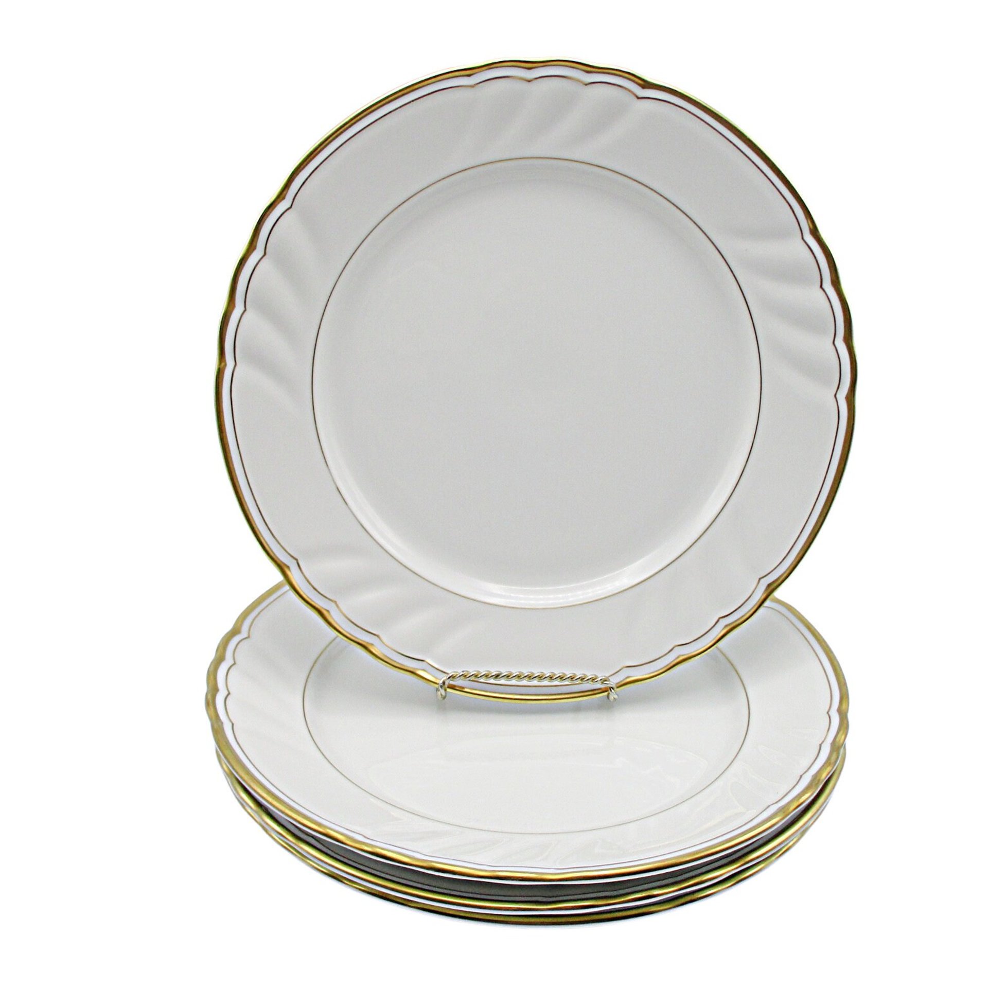 Fitz and Floyd, Orleans Blanc, Dinner Plates, Set of 4, White with Gold Trim, Scalloped Rims, Wedding Gift or Replacement Pieces, Exc Cond