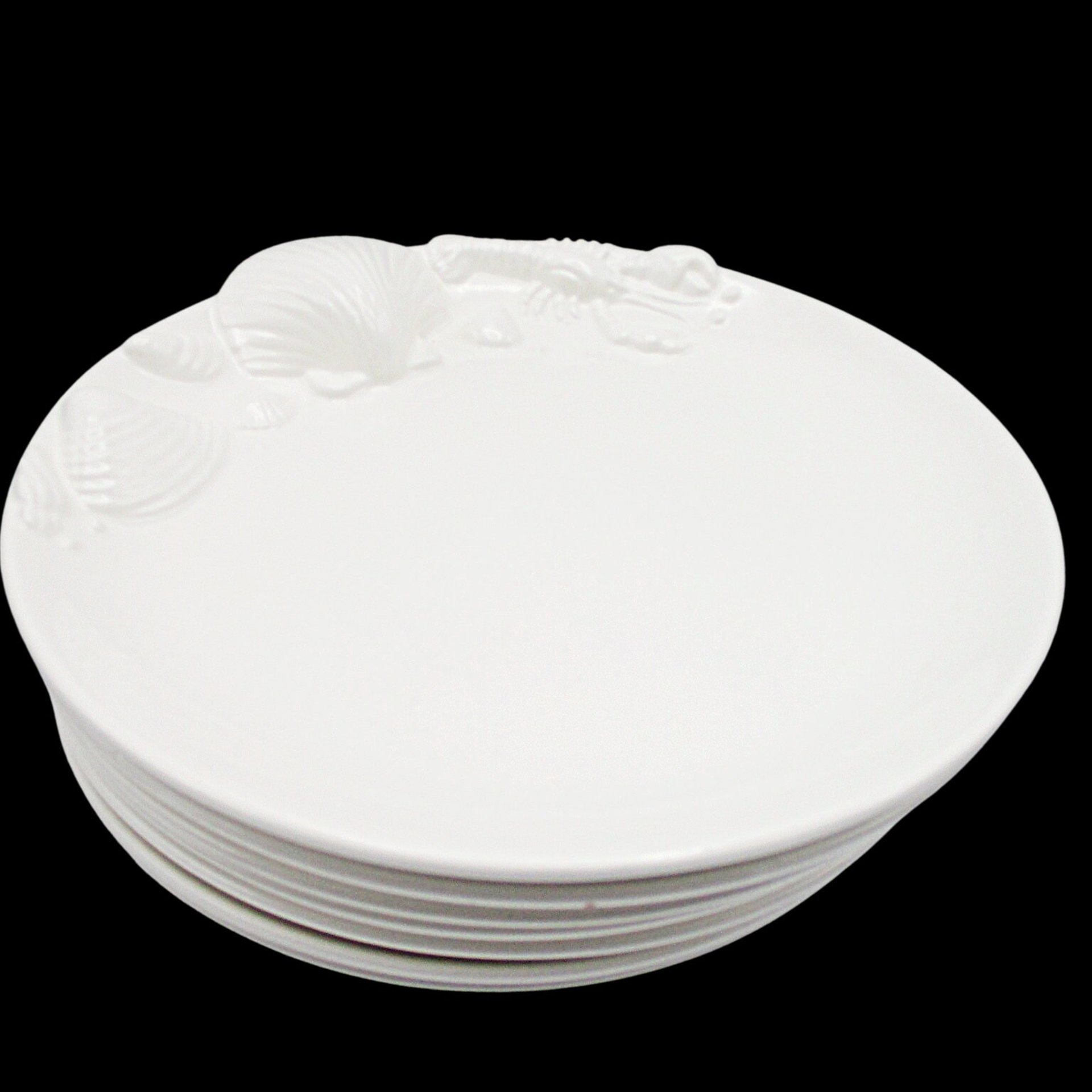 Seafood Plates, Set of 6, Beach or Tropical Decor, White, Deep Relief, Japan