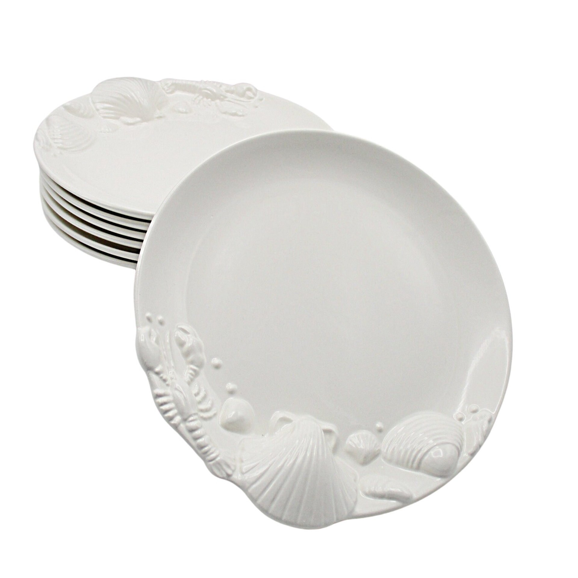 Seafood Plates, Set of 6, Beach or Tropical Decor, White, Deep Relief, Japan