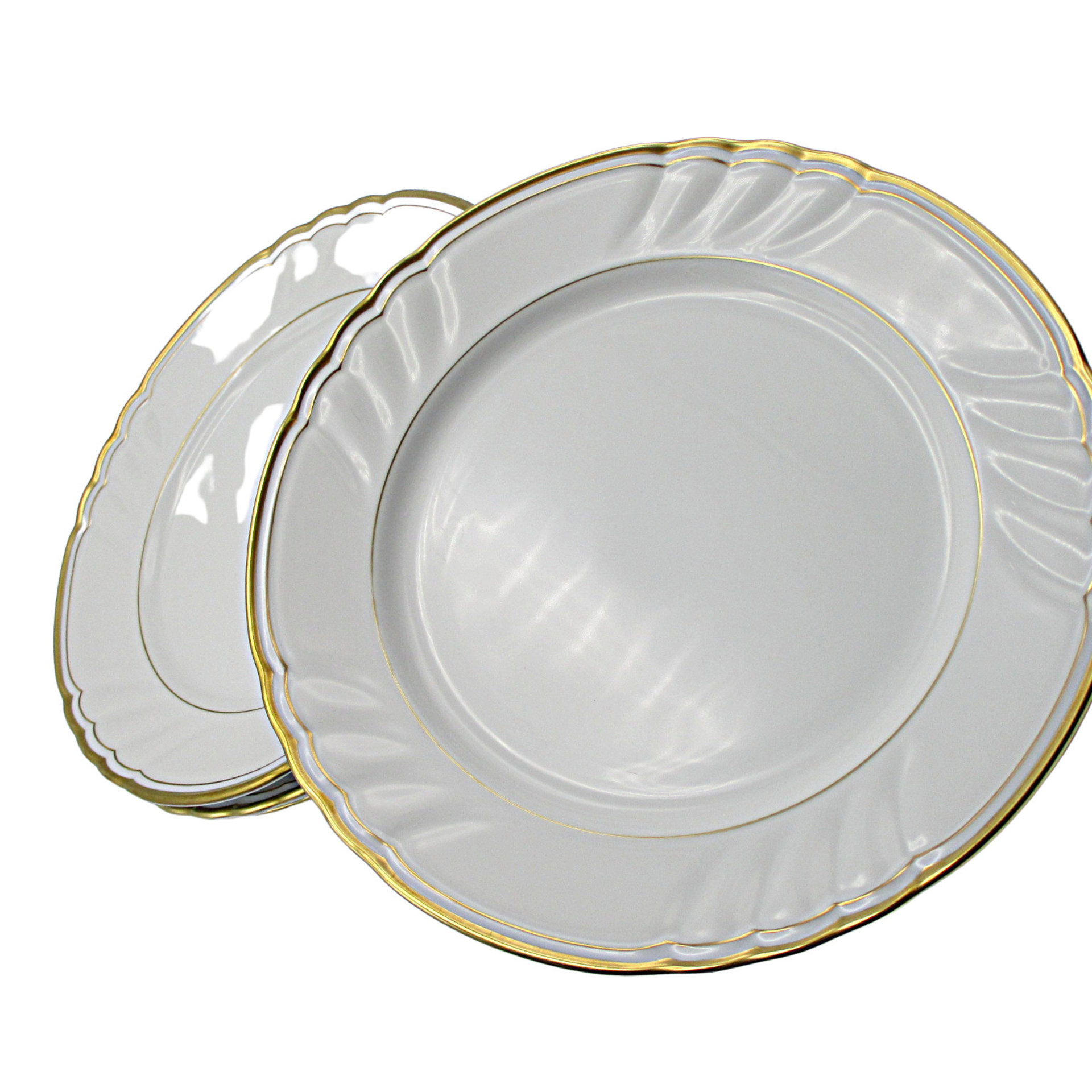 Fitz and Floyd, Orleans Blanc, Dinner Plates, Set of 4, White with Gold Trim, Scalloped Rims, Wedding Gift or Replacement Pieces, Exc Cond