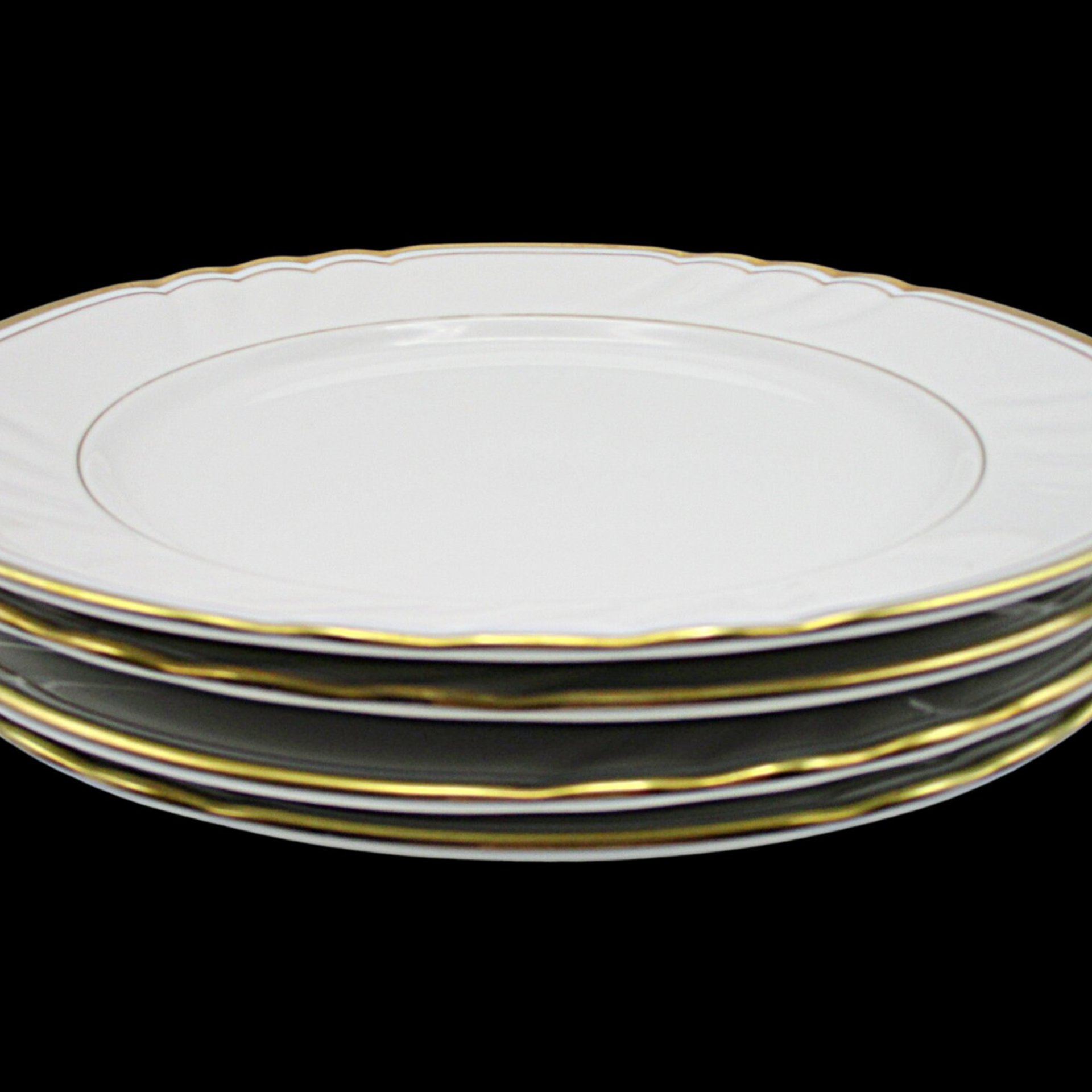 Fitz and Floyd, Orleans Blanc, Dinner Plates, Set of 4, White with Gold Trim, Scalloped Rims, Wedding Gift or Replacement Pieces, Exc Cond