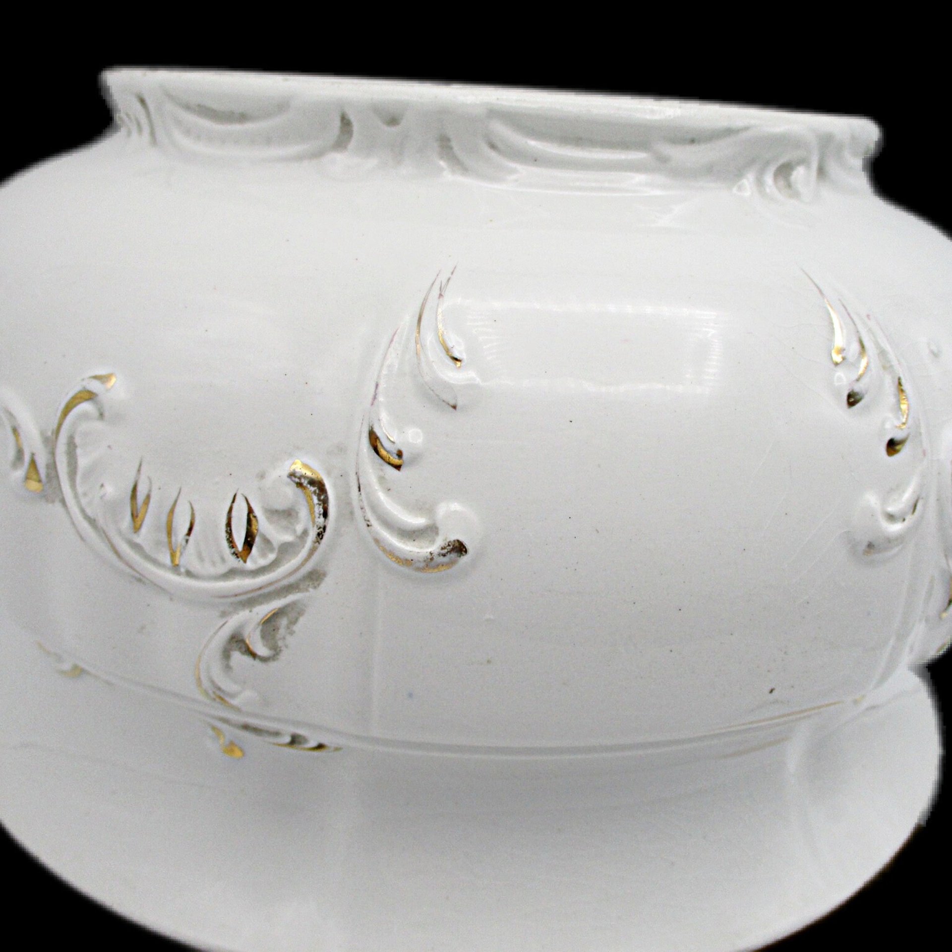 Porcelain Chamber Pot, AJ Wilkinson, England, White with Gold, Ornate Deep Relief, Bath Decor, Handled