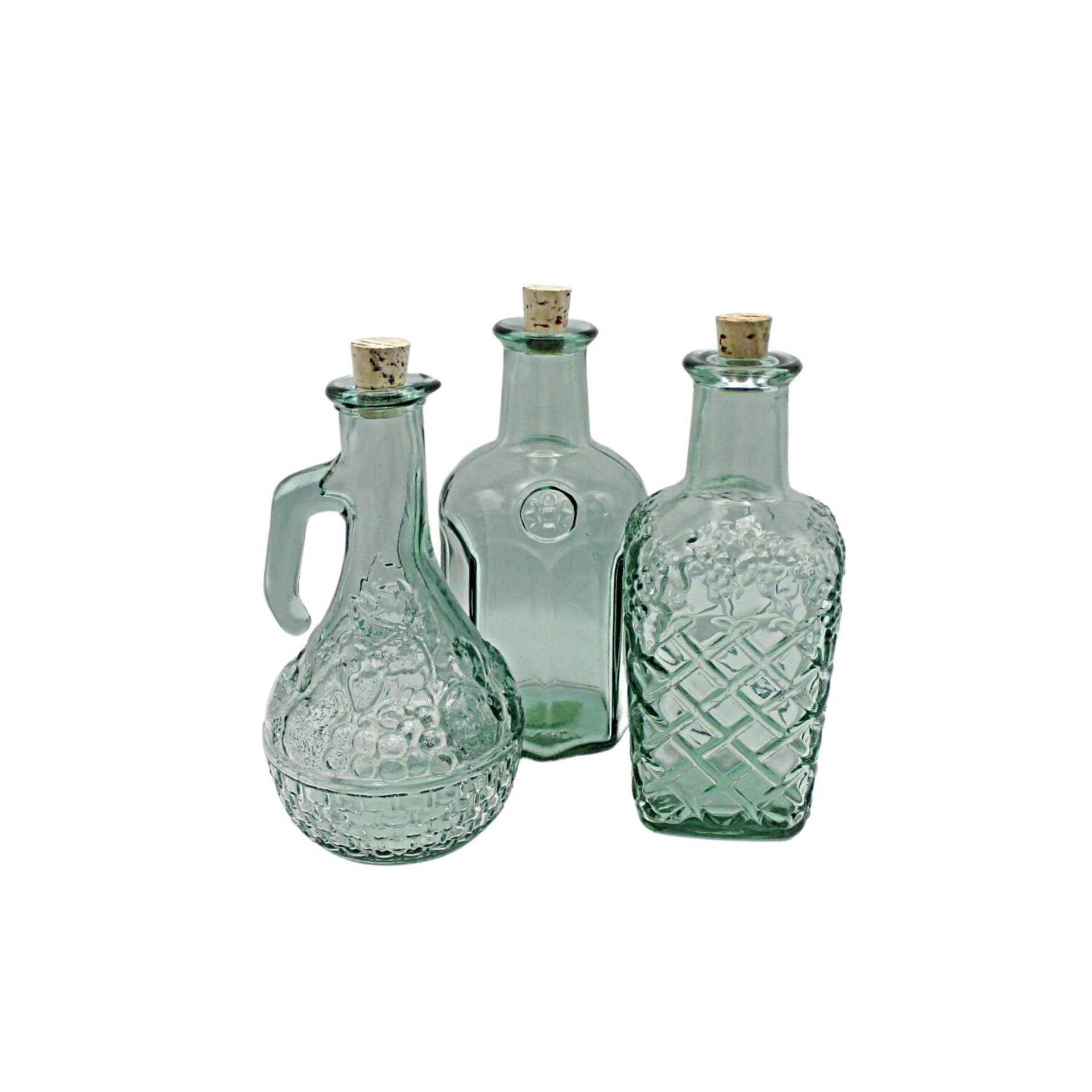 Heavy Green Decorative Bottles, with Corks, 8 Inches High, Deep Relief, Green Home Decor, Embossed Canada on Bottom