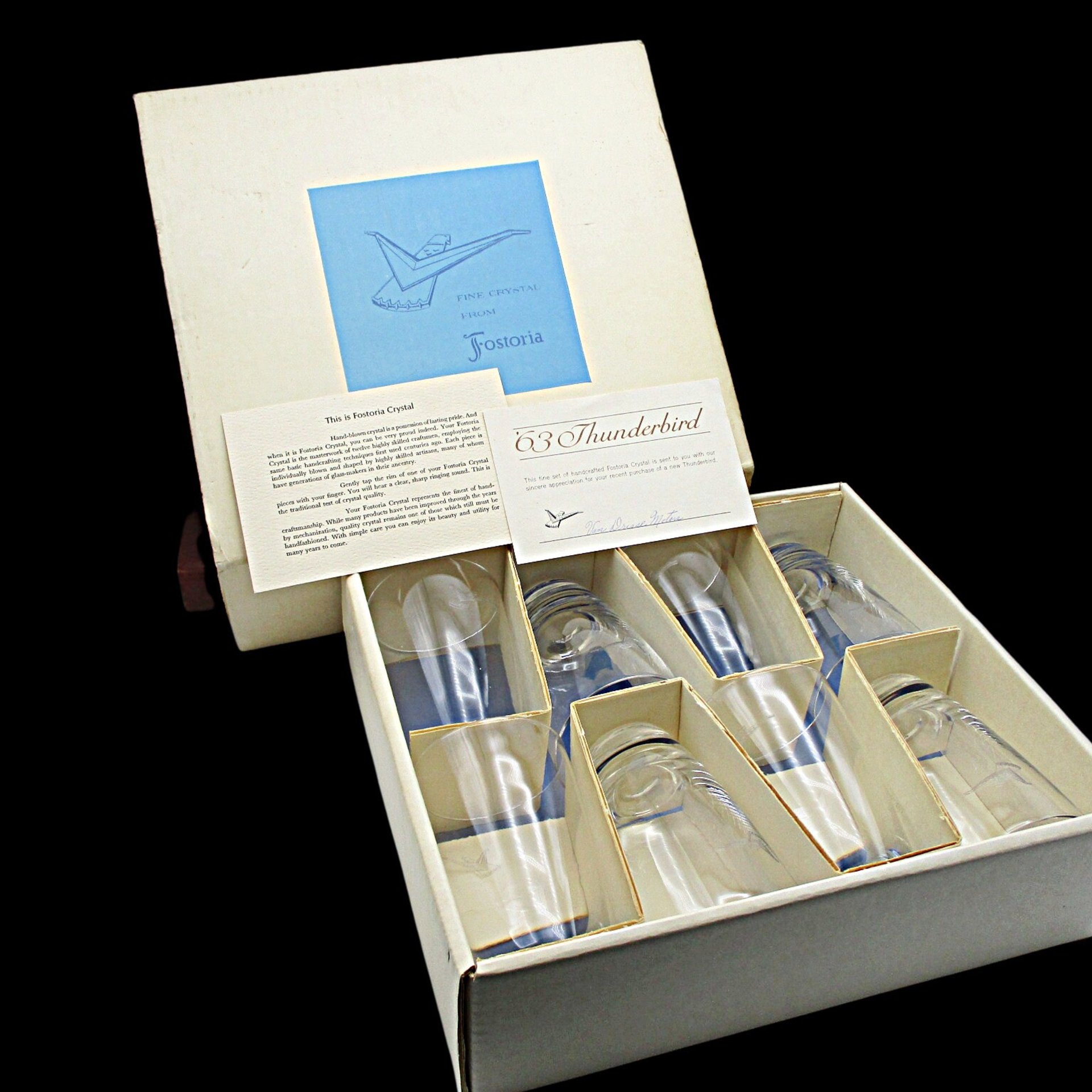 Ford Thunderbird, 1963, Barware, Fostoria, Set of 8, Tumblers, Gift from Dealership for Purchase, All Original Inserts and Packaging