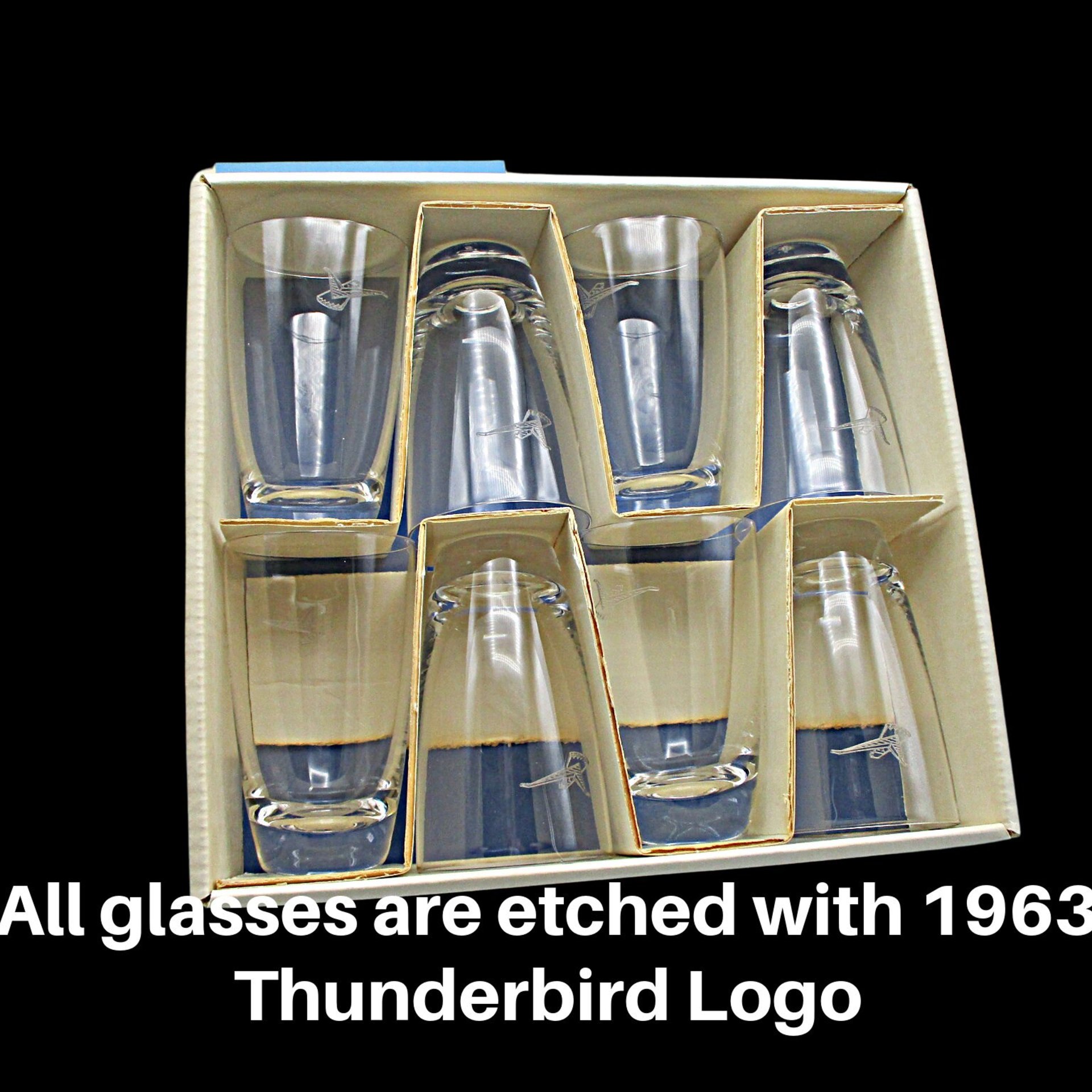 Ford Thunderbird, 1963, Barware, Fostoria, Set of 8, Tumblers, Gift from Dealership for Purchase, All Original Inserts and Packaging