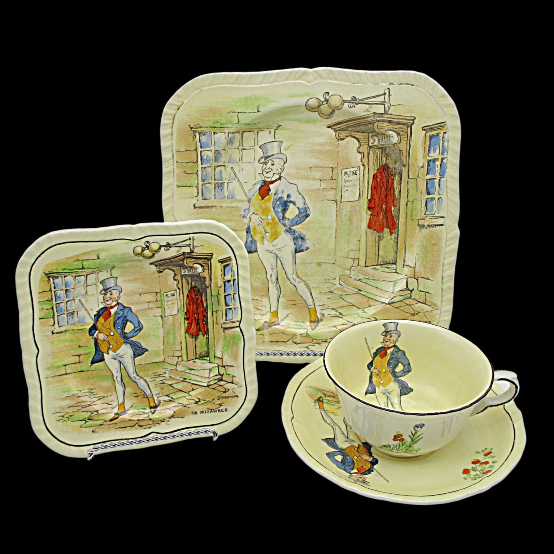 Charles Dickens Character Dish Set Mr Micawber, 4pc Set, Luncheon and Dessert Plate, Cup and Saucer, by Alfred Meakin