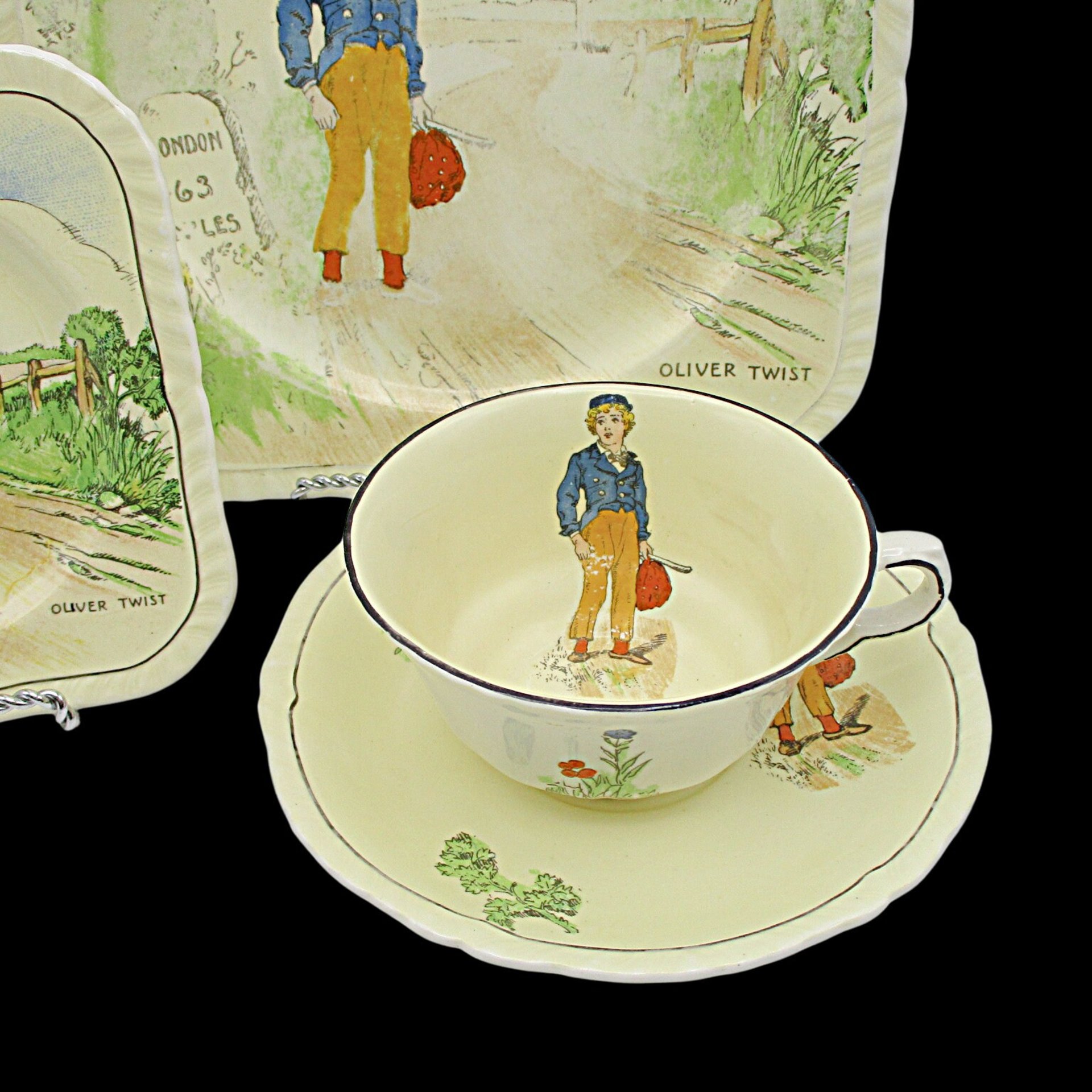 Charles Dickens Character Dish Set, Oliver Twist, 4pc Set, Luncheon and Dessert Plate, Cup and Saucer, by Alfred Meakin