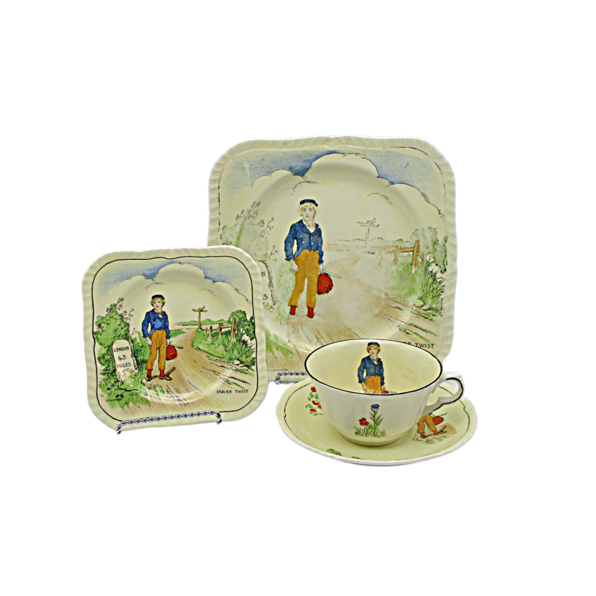 Charles Dickens Character Dish Set, Oliver Twist, 4pc Set, Luncheon and Dessert Plate, Cup and Saucer, by Alfred Meakin