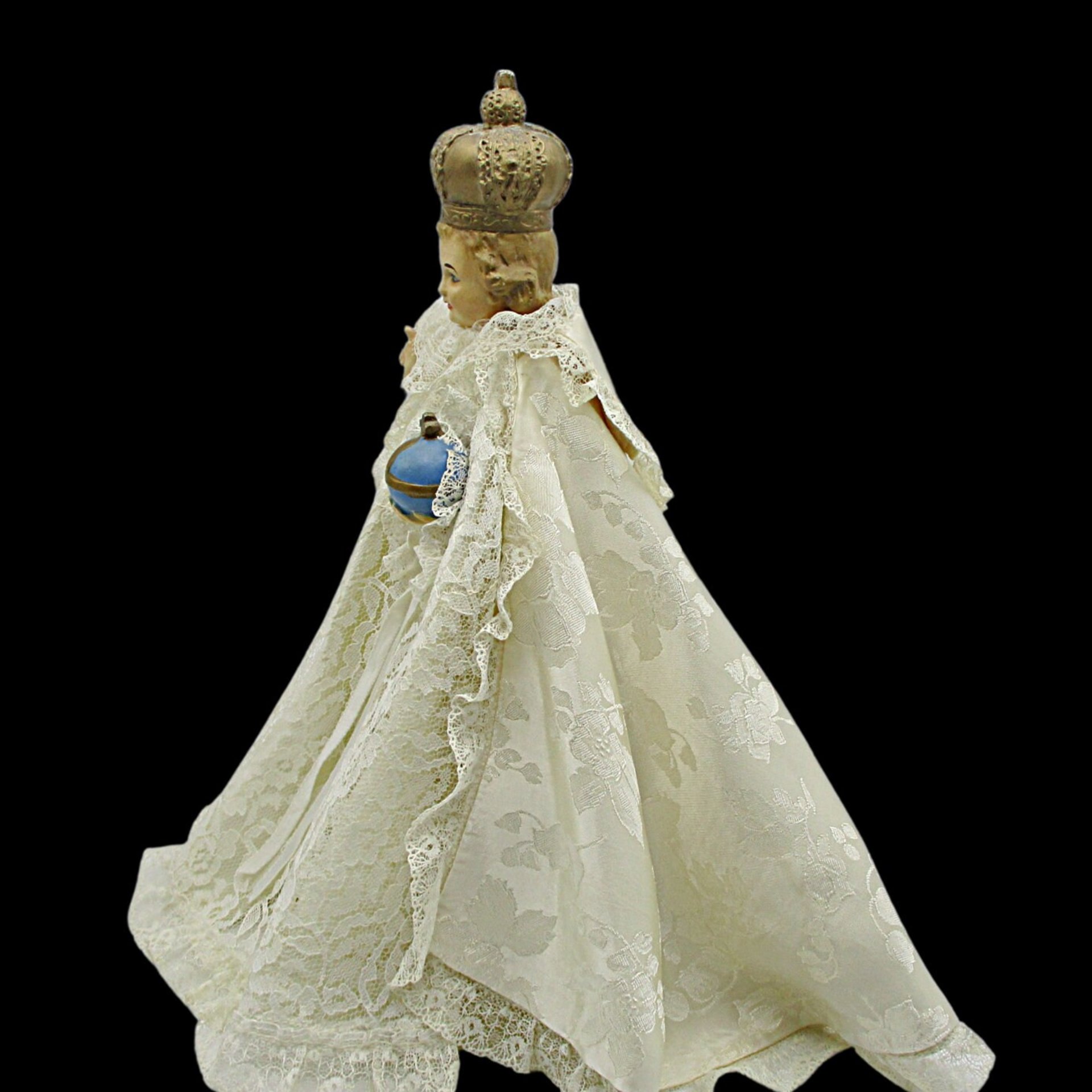 Infant of Prague Chalkware Statue with Cloak and Robe, Laced Brocade Fabric, 13 Inches Tall, Religious Statue Decor