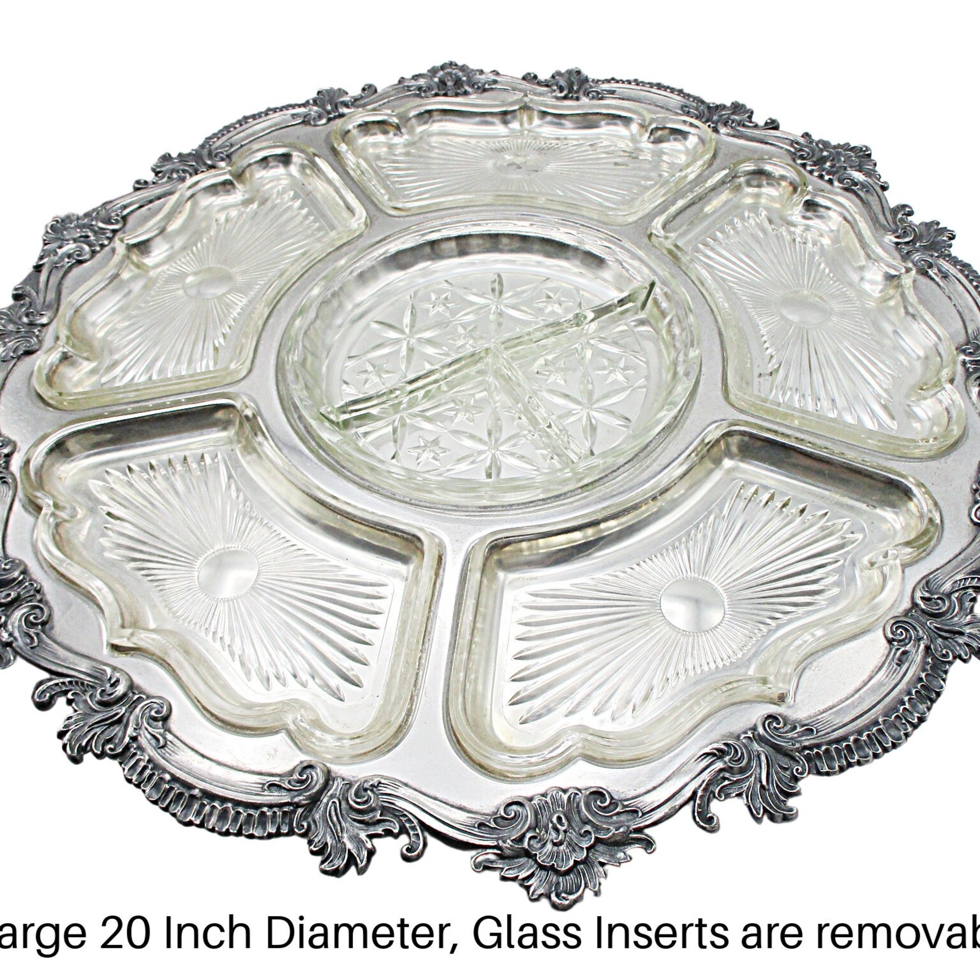 Revolving Silver Plate and Glass Hour De Vours Serving Platter, 20 Inch Diameter, Old World, Ornate Wedding or Bridal Shower