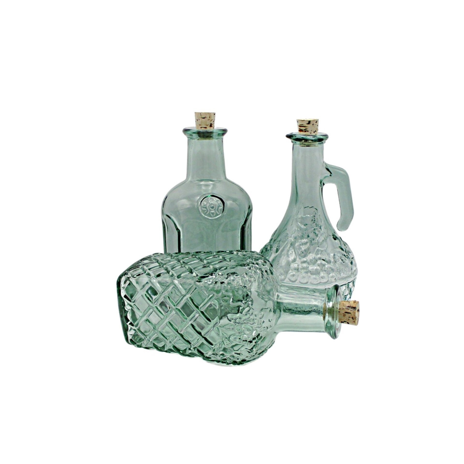 Heavy Green Decorative Bottles, with Corks, 8 Inches High, Deep Relief, Green Home Decor, Embossed Canada on Bottom