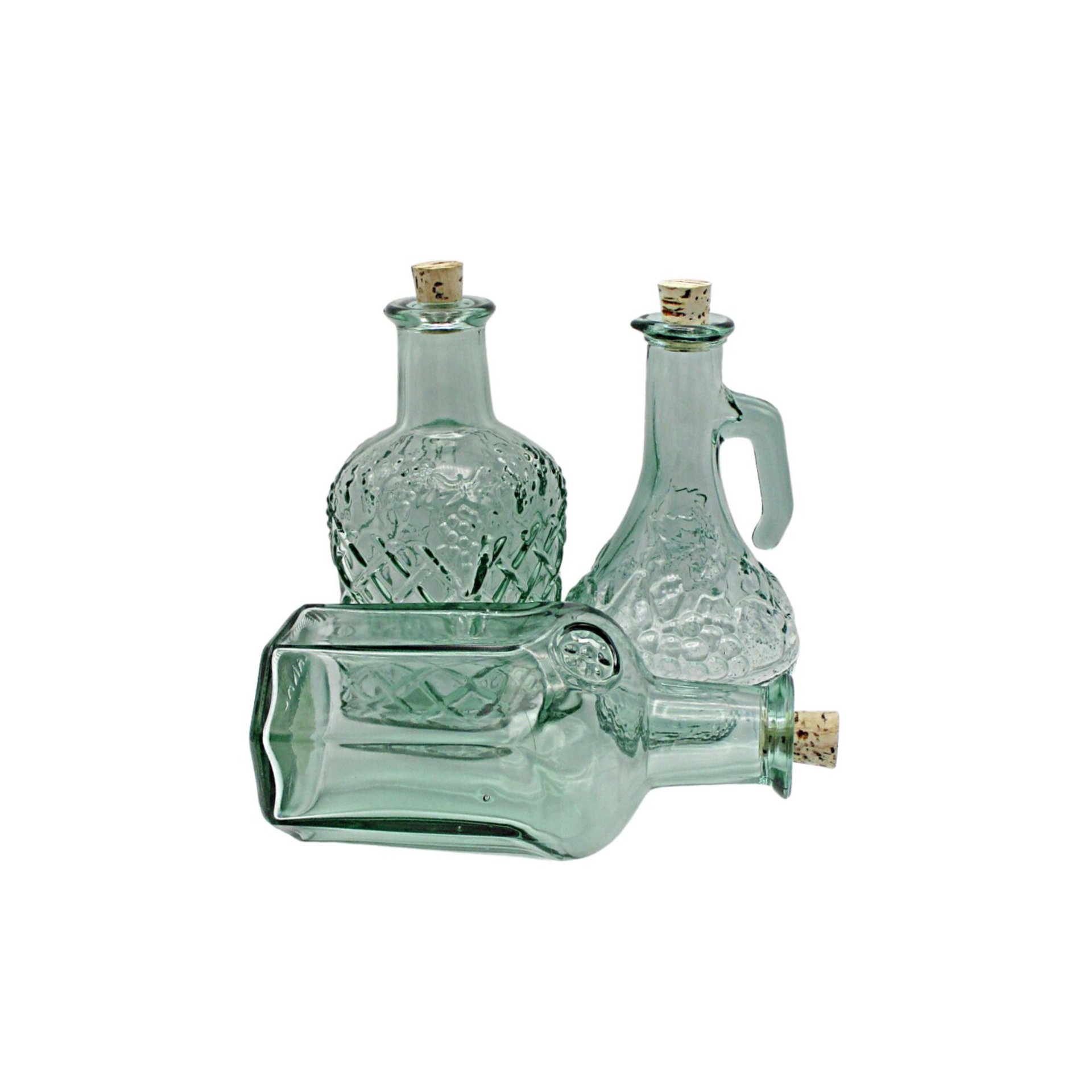 Heavy Green Decorative Bottles, with Corks, 8 Inches High, Deep Relief, Green Home Decor, Embossed Canada on Bottom